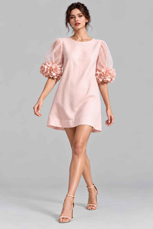 Virtual model wearing The Rosalie Floral Sleeve Dress 3D Floral Sleeve Mini Shift Dress in Blush