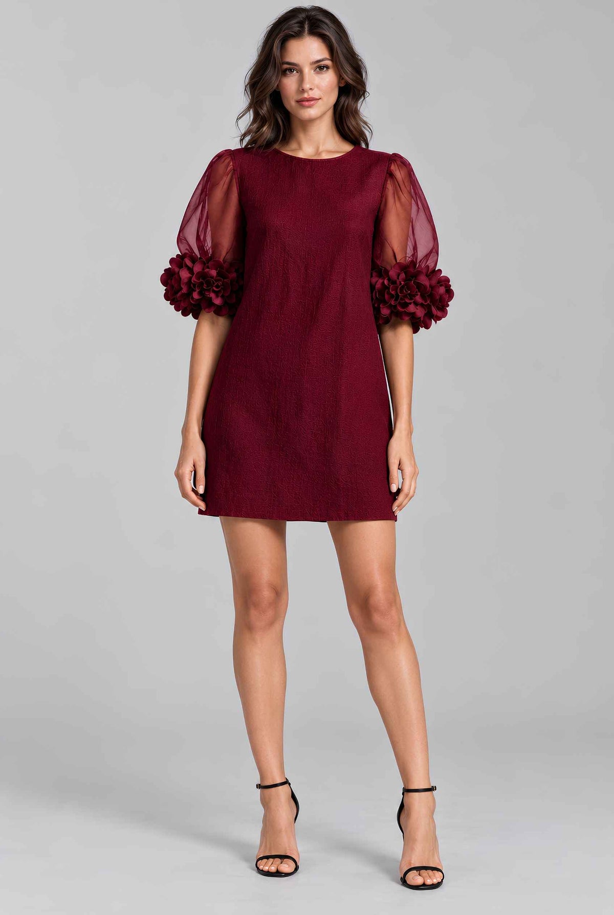 Virtual model wearing The Rosalie Floral Sleeve Dress 3D Floral Sleeve Mini Shift Dress in Wine