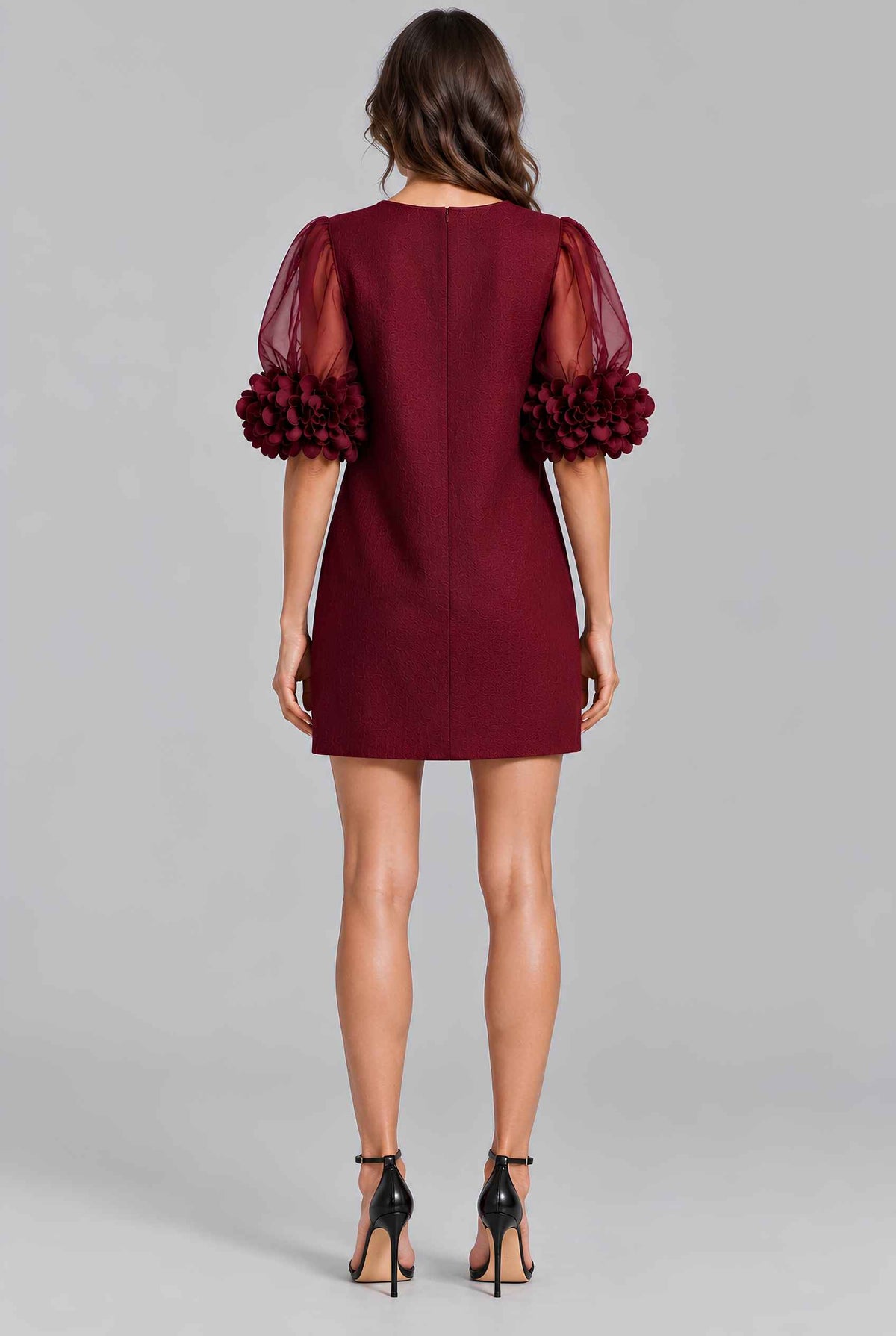Virtual model wearing The Rosalie Floral Sleeve Dress 3D Floral Sleeve Mini Shift Dress in Wine