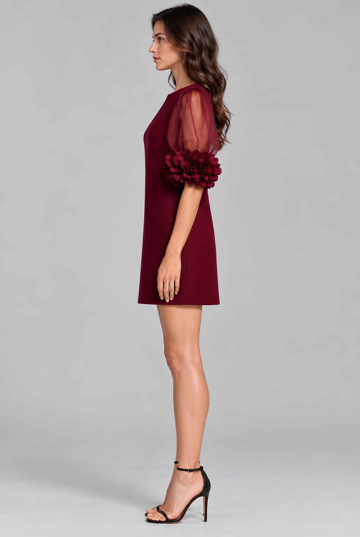 Virtual model wearing The Rosalie Floral Sleeve Dress 3D Floral Sleeve Mini Shift Dress in Wine