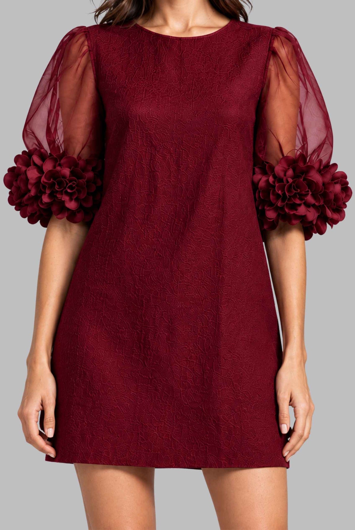 Virtual model wearing The Rosalie Floral Sleeve Dress 3D Floral Sleeve Mini Shift Dress in Wine