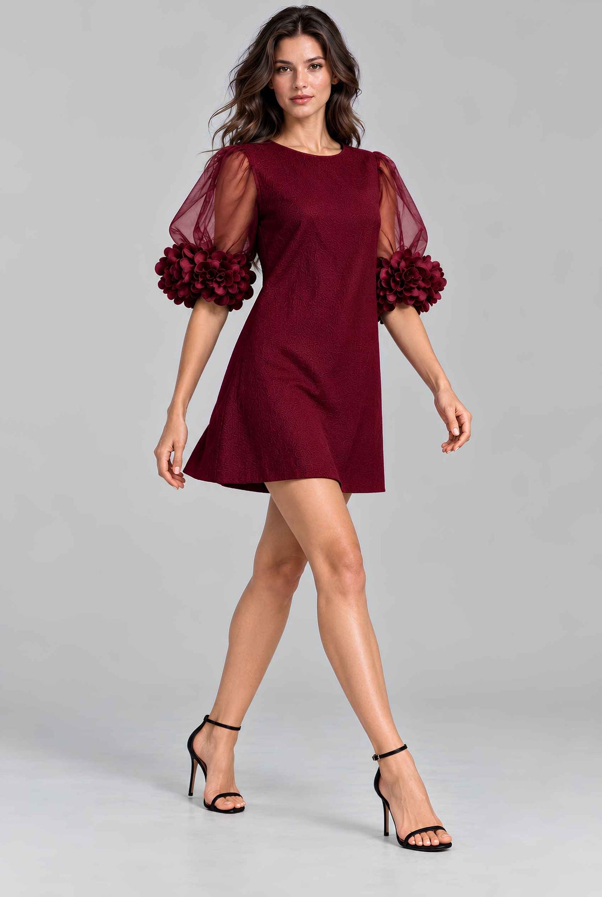 Virtual model wearing The Rosalie Floral Sleeve Dress 3D Floral Sleeve Mini Shift Dress in Wine