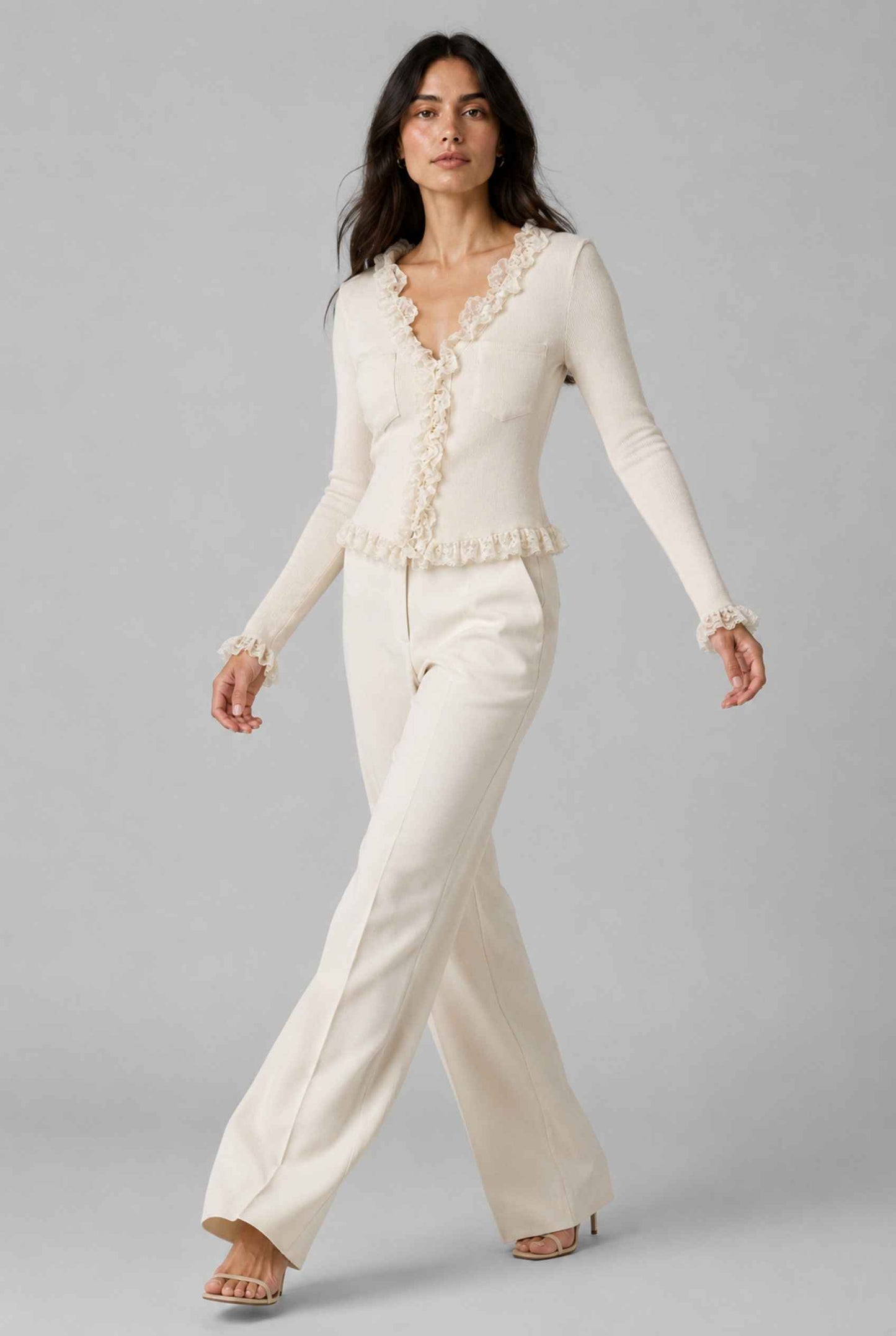 Virtual Model wearing The Rosalie Lace Cardigan Ruffle Ribbed Beige Knit Cardigan
