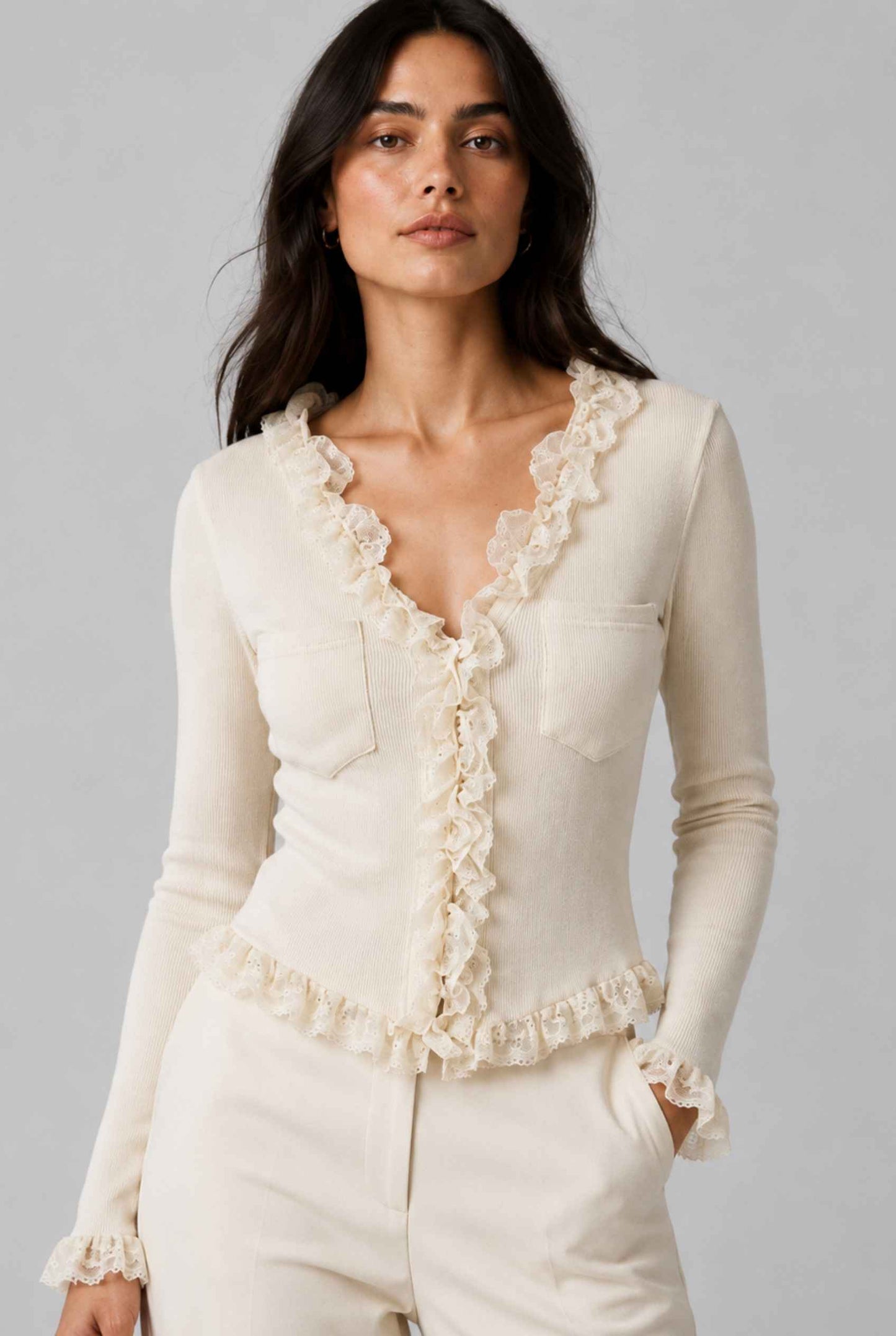 Virtual Model wearing The Rosalie Lace Cardigan Ruffle Ribbed Beige Knit Cardigan