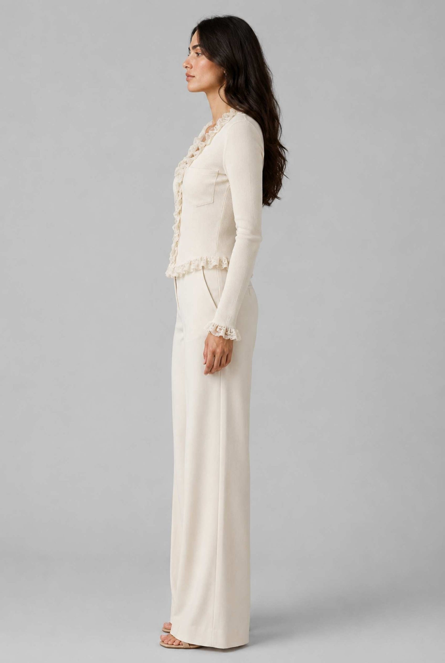 Virtual Model wearing The Rosalie Lace Cardigan Ruffle Ribbed Beige Knit Cardigan