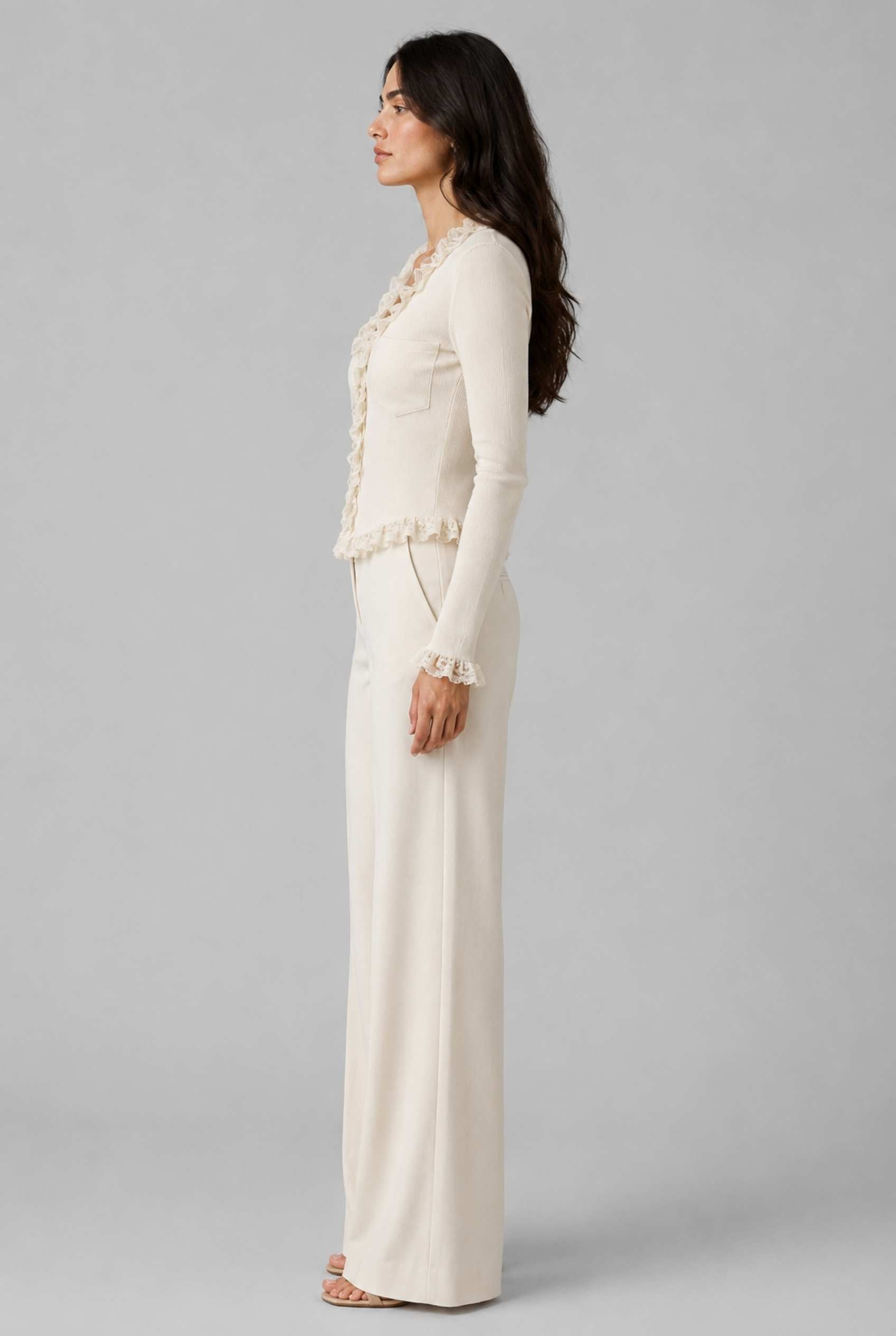 Virtual Model wearing The Rosalie Lace Cardigan Ruffle Ribbed Beige Knit Cardigan