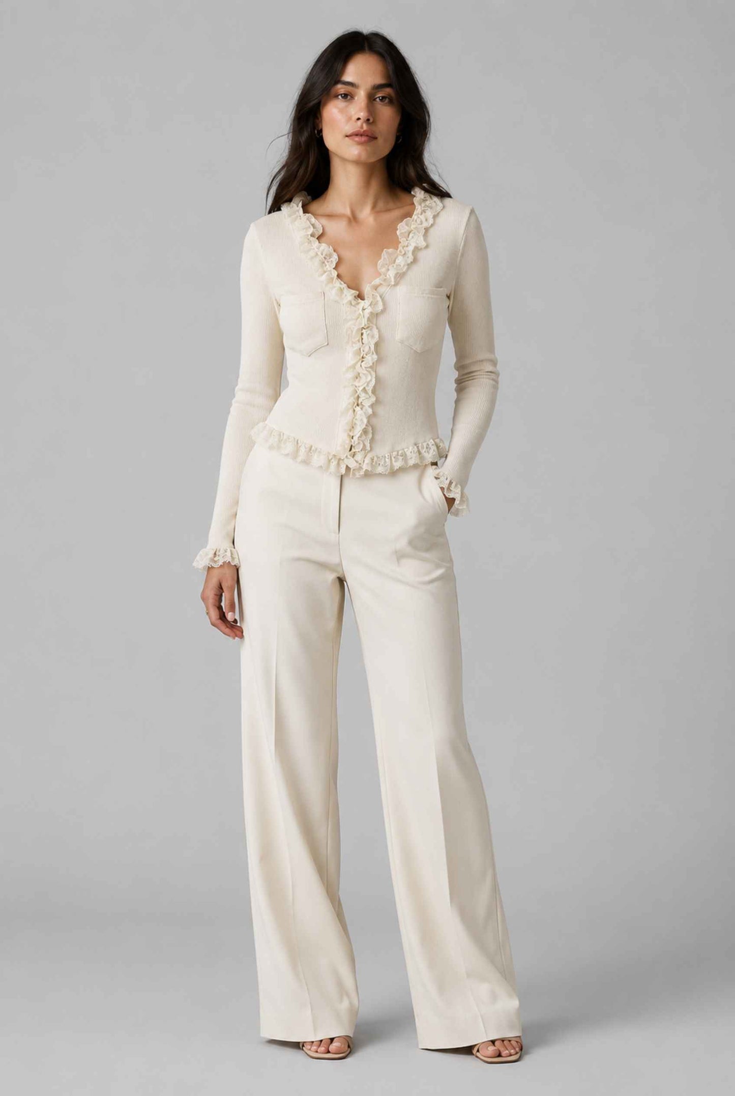 Virtual Model wearing The Rosalie Lace Cardigan Ruffle Ribbed Beige Knit Cardigan