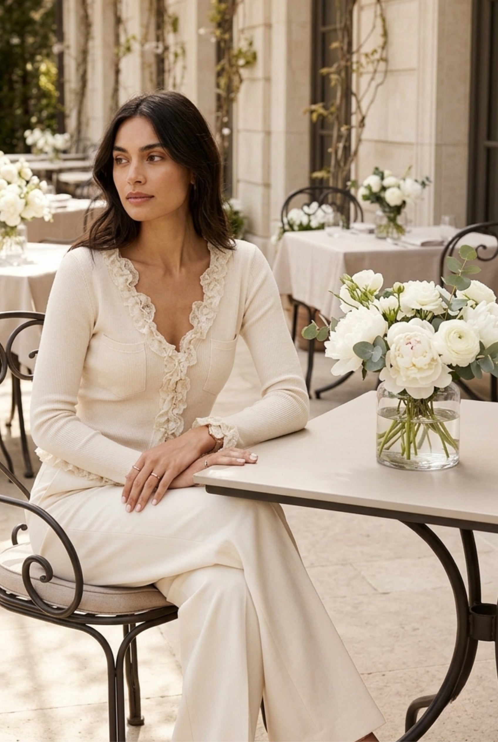 Virtual Model wearing The Rosalie Lace Cardigan Ruffle Ribbed Beige Knit Cardigan