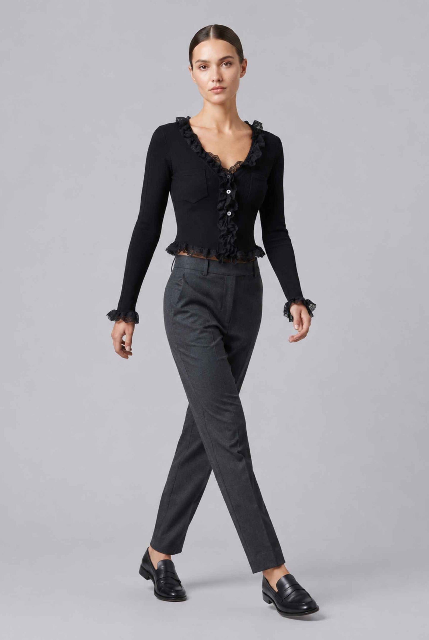 Virtual Model wearing The Rosalie Lace Cardigan Ruffle Ribbed Black Knit Cardigan