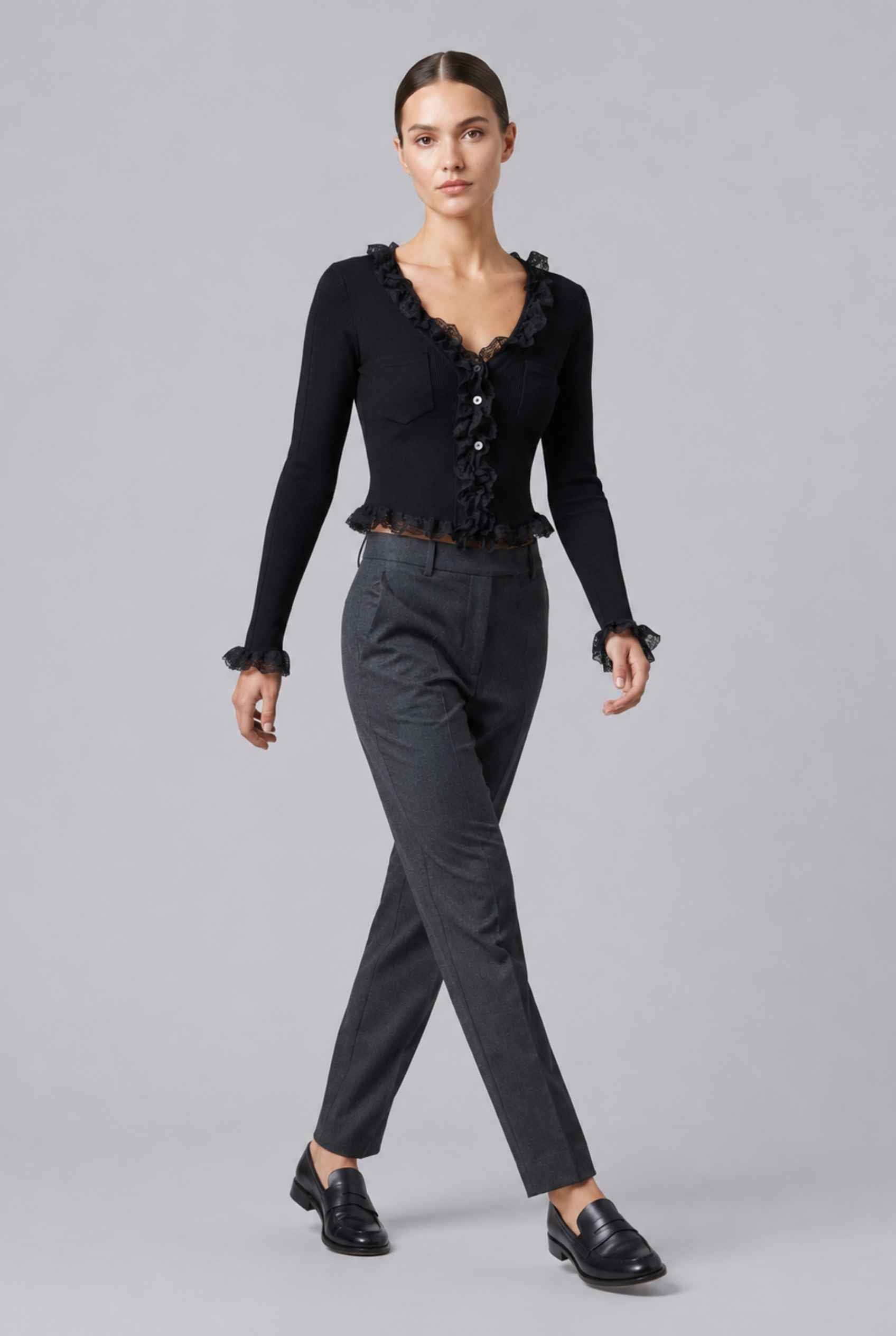 Virtual Model wearing The Rosalie Lace Cardigan Ruffle Ribbed Black Knit Cardigan