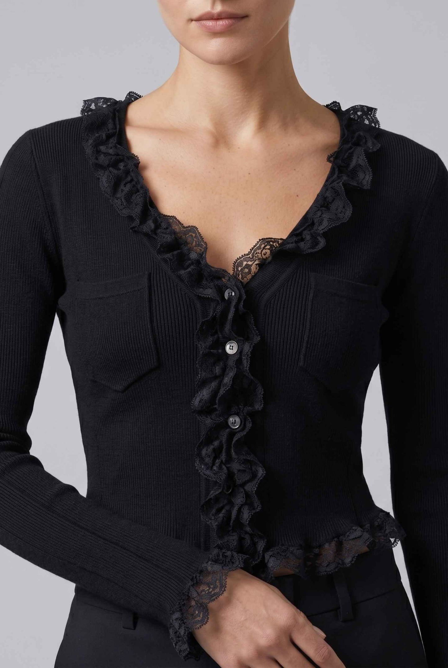 Virtual Model wearing The Rosalie Lace Cardigan Ruffle Ribbed Black Knit Cardigan