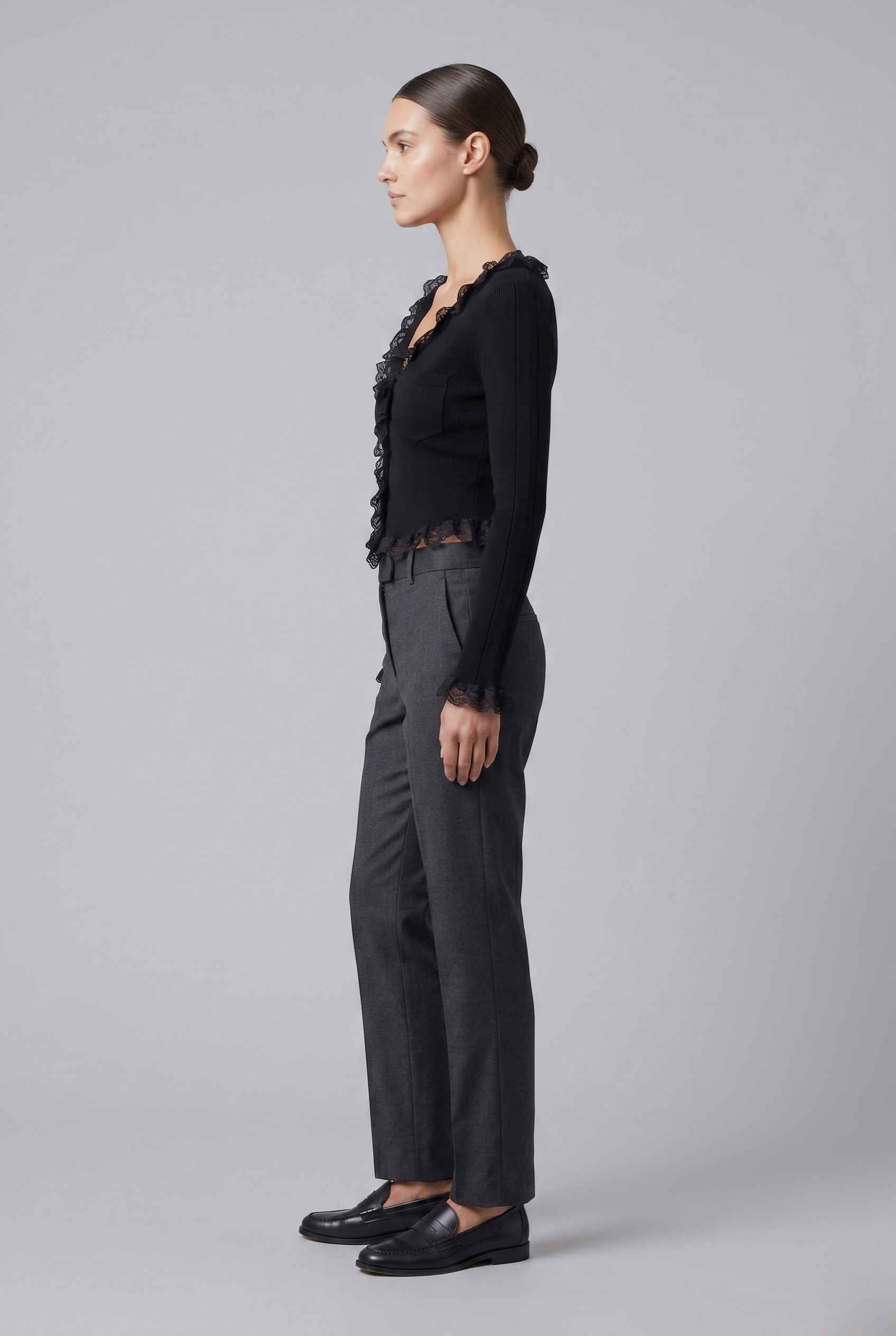 Virtual Model wearing The Rosalie Lace Cardigan Ruffle Ribbed Black Knit Cardigan