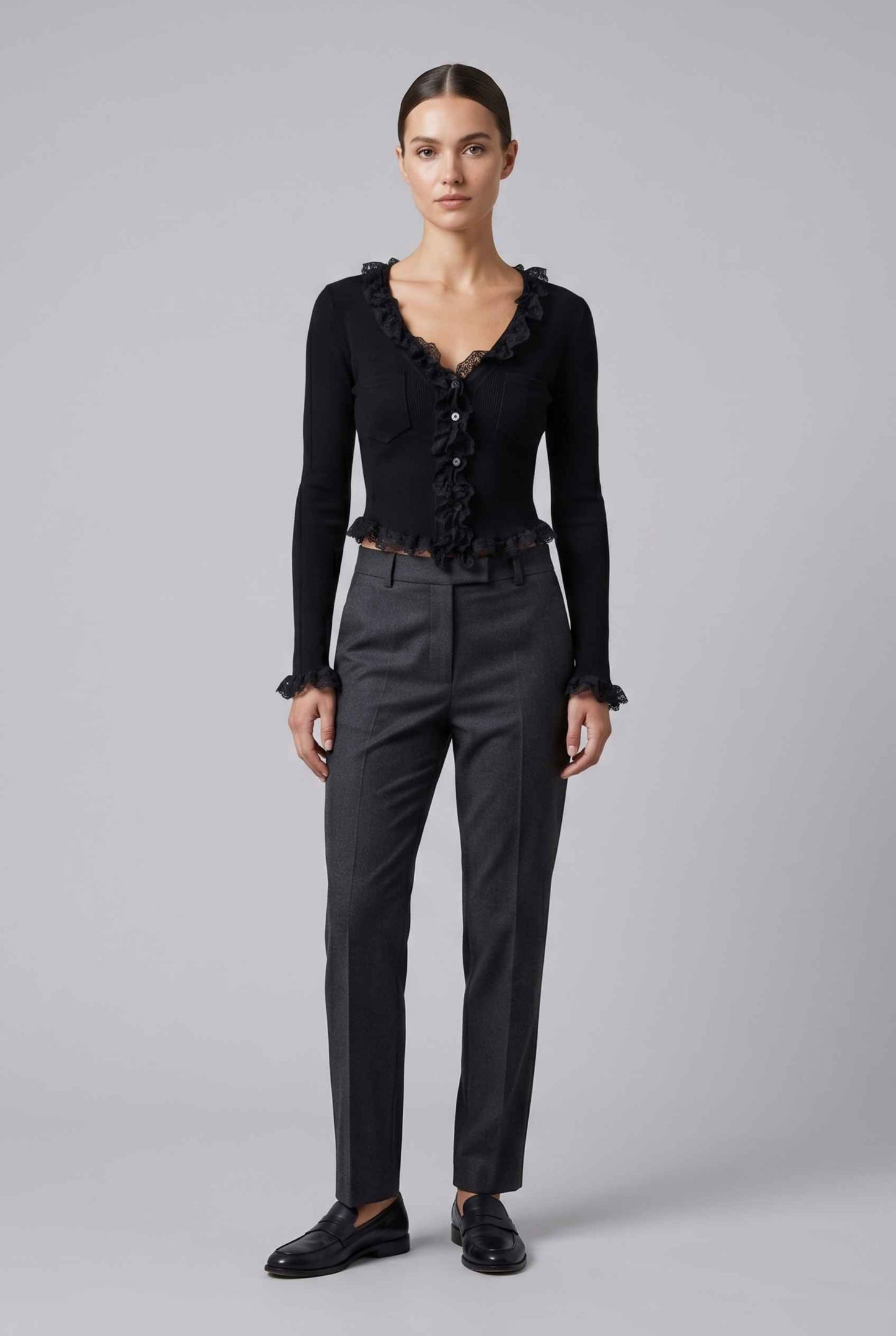 Virtual Model wearing The Rosalie Lace Cardigan Ruffle Ribbed Black Knit Cardigan