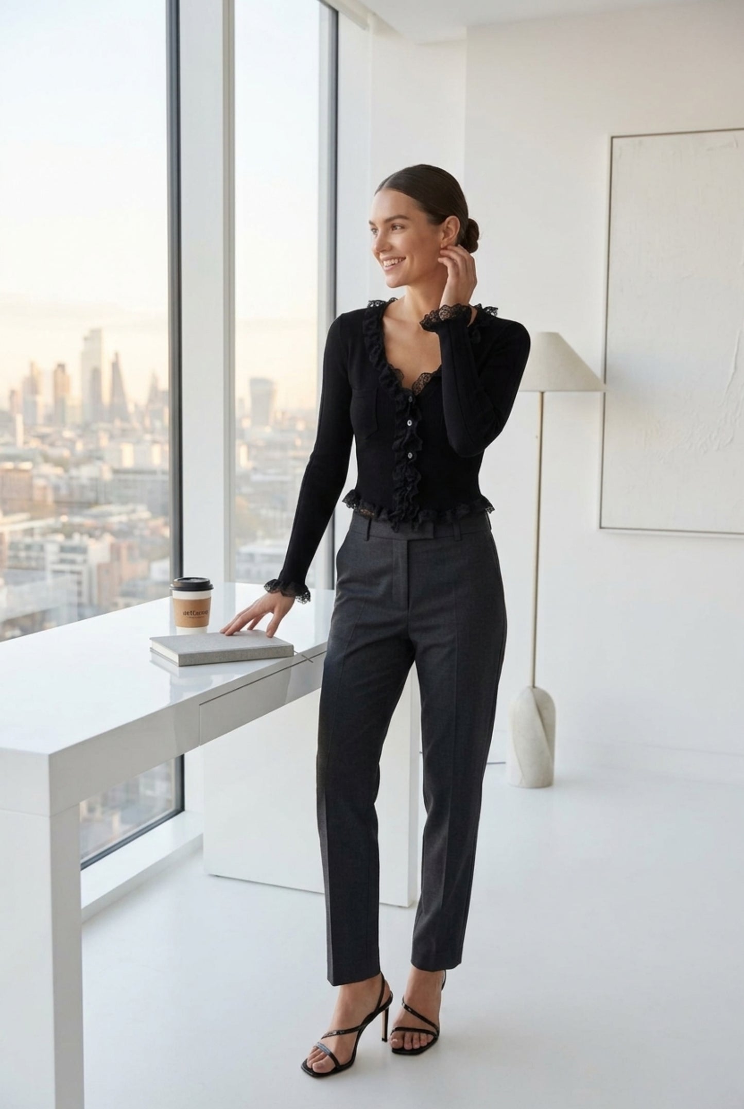 Virtual Model wearing The Rosalie Lace Cardigan Ruffle Ribbed Black Knit Cardigan