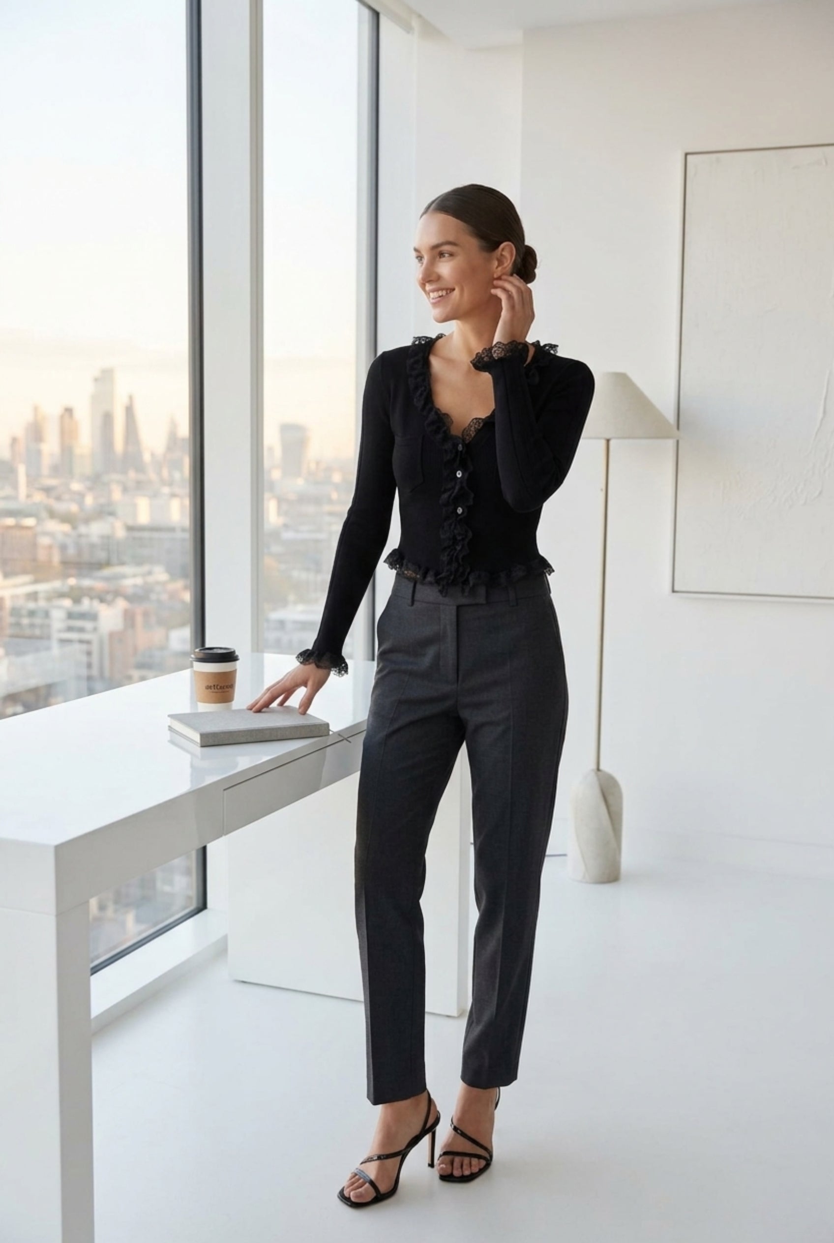 Virtual Model wearing The Rosalie Lace Cardigan Ruffle Ribbed Black Knit Cardigan