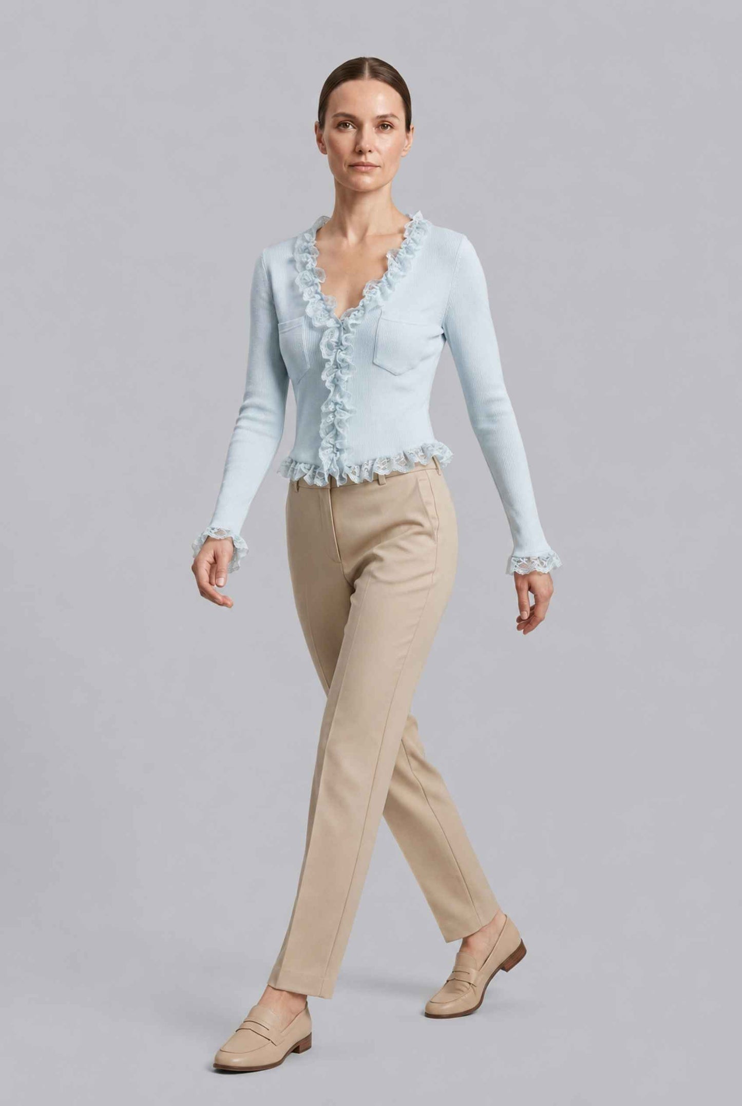 Virtual Model wearing The Rosalie Lace Cardigan Ruffle Ribbed Light Blue Knit Cardigan