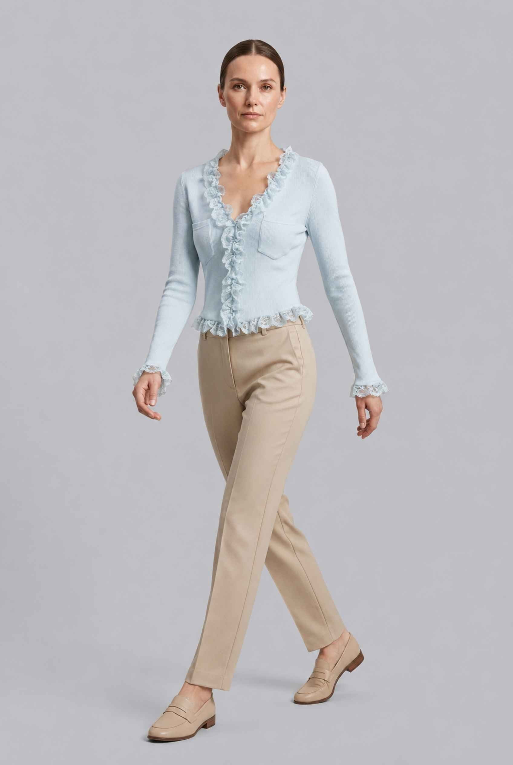 Virtual Model wearing The Rosalie Lace Cardigan Ruffle Ribbed Light Blue Knit Cardigan