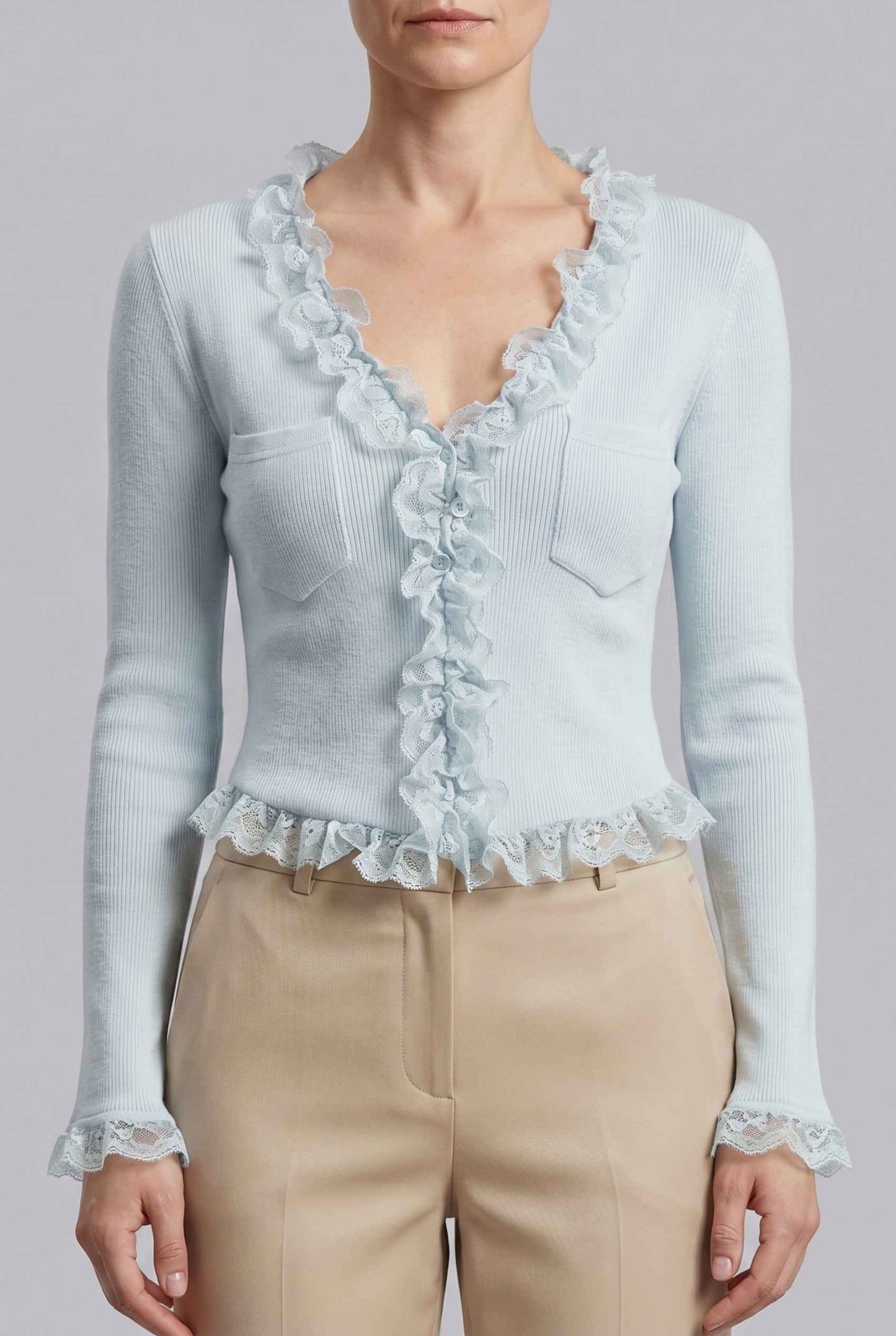 Virtual Model wearing The Rosalie Lace Cardigan Ruffle Ribbed Light Blue Knit Cardigan