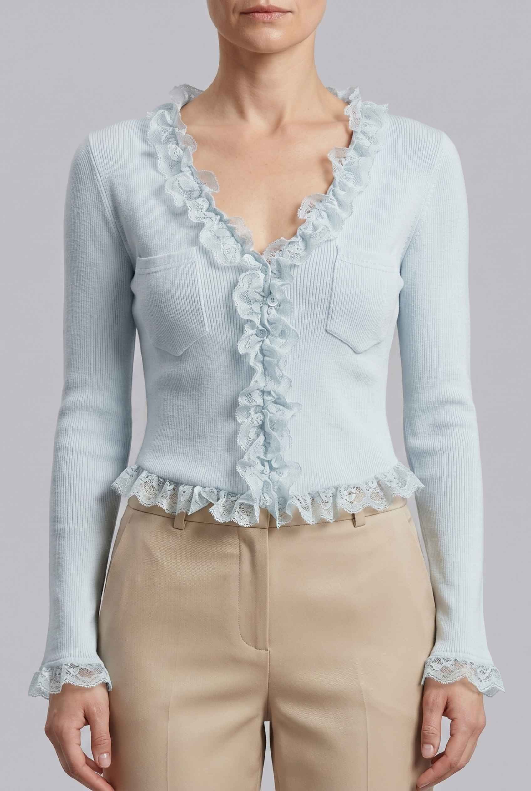 Virtual Model wearing The Rosalie Lace Cardigan Ruffle Ribbed Light Blue Knit Cardigan