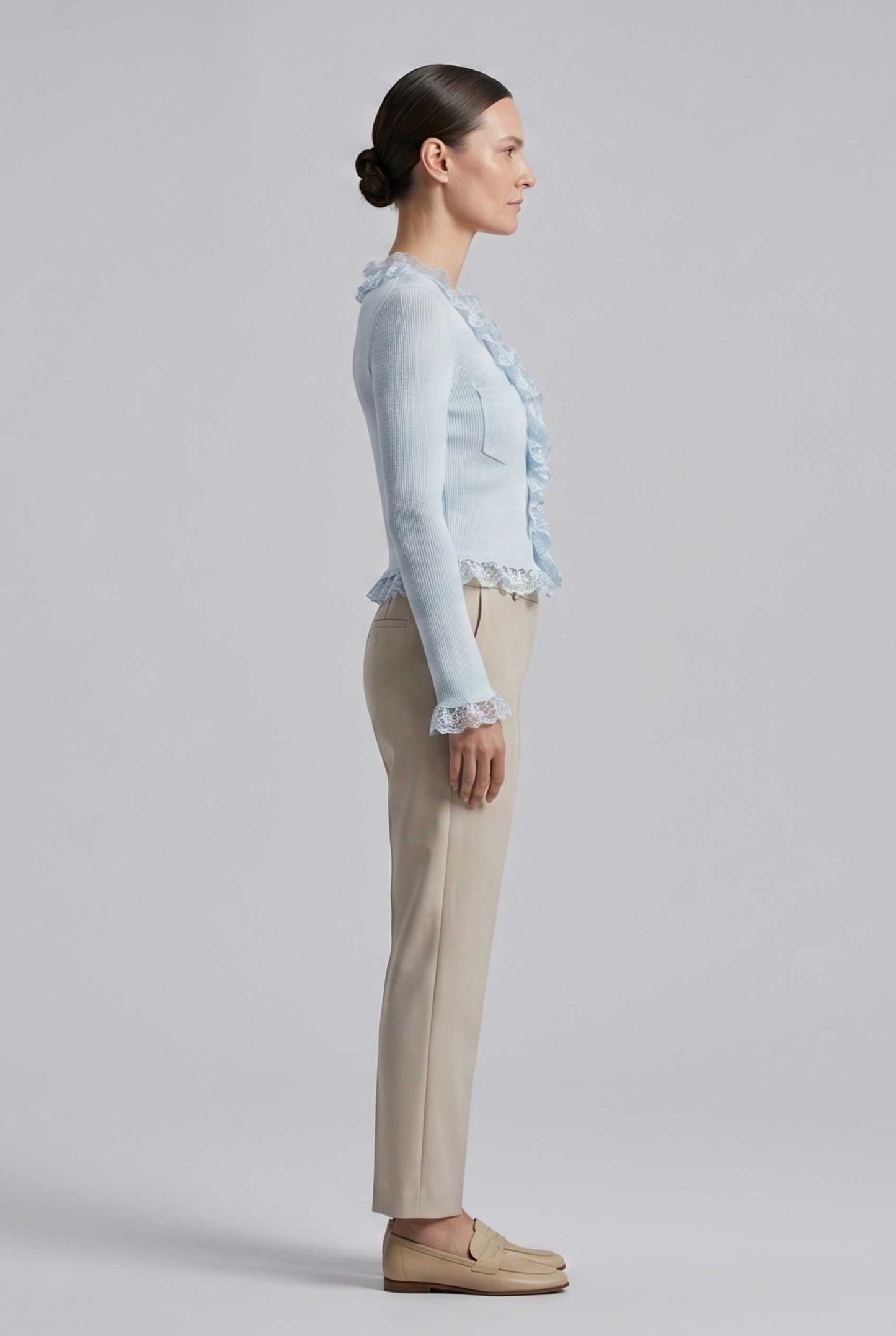 Virtual Model wearing The Rosalie Lace Cardigan Ruffle Ribbed Light Blue Knit Cardigan
