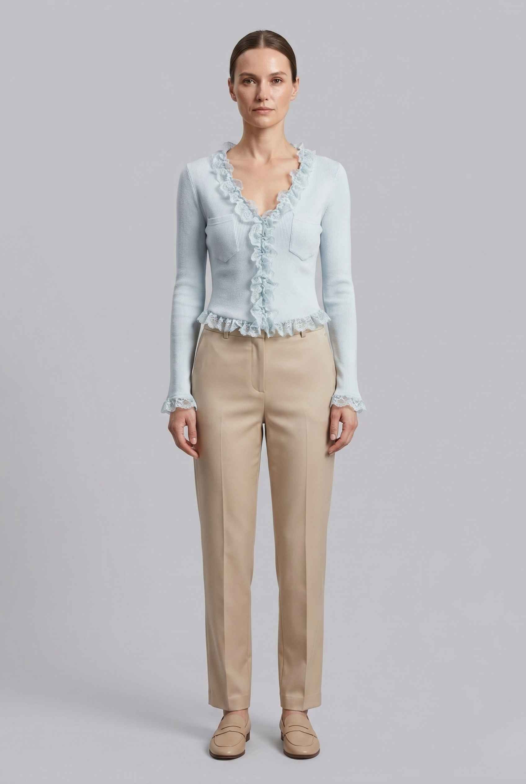 Virtual Model wearing The Rosalie Lace Cardigan Ruffle Ribbed Light Blue Knit Cardigan