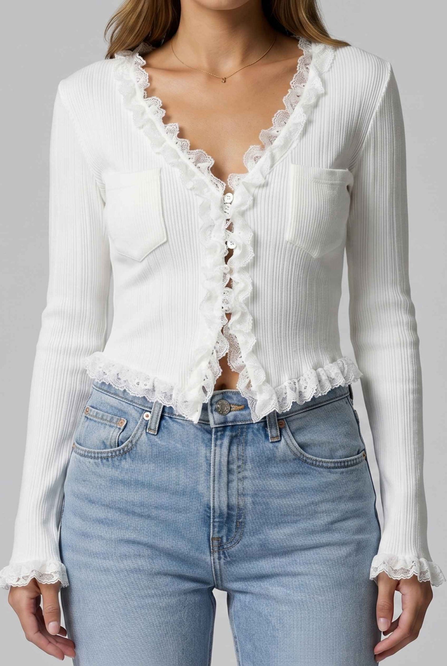 Virtual Model wearing The Rosalie Lace Cardigan Ruffle Ribbed Off White Knit Cardigan
