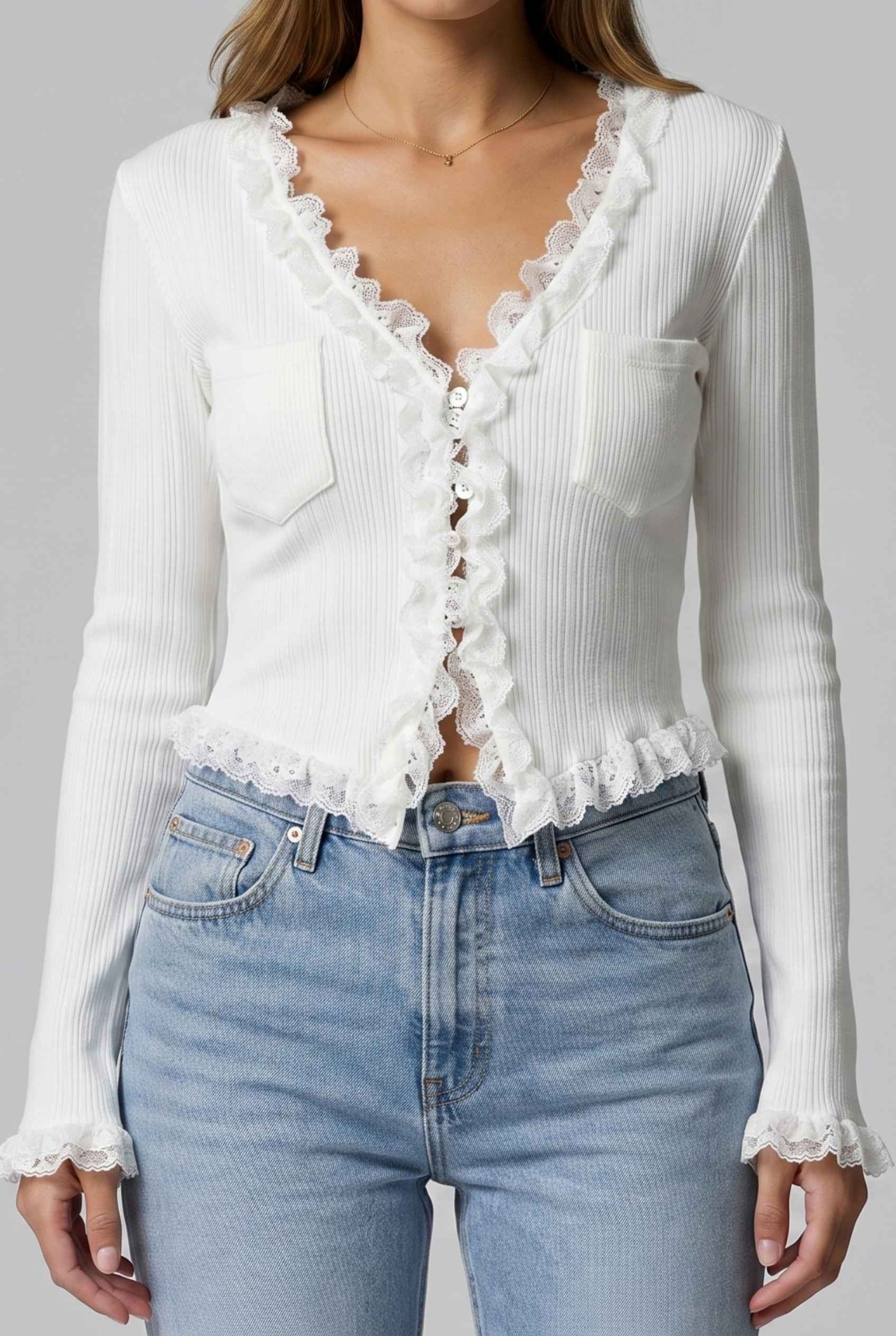 Virtual Model wearing The Rosalie Lace Cardigan Ruffle Ribbed Off White Knit Cardigan