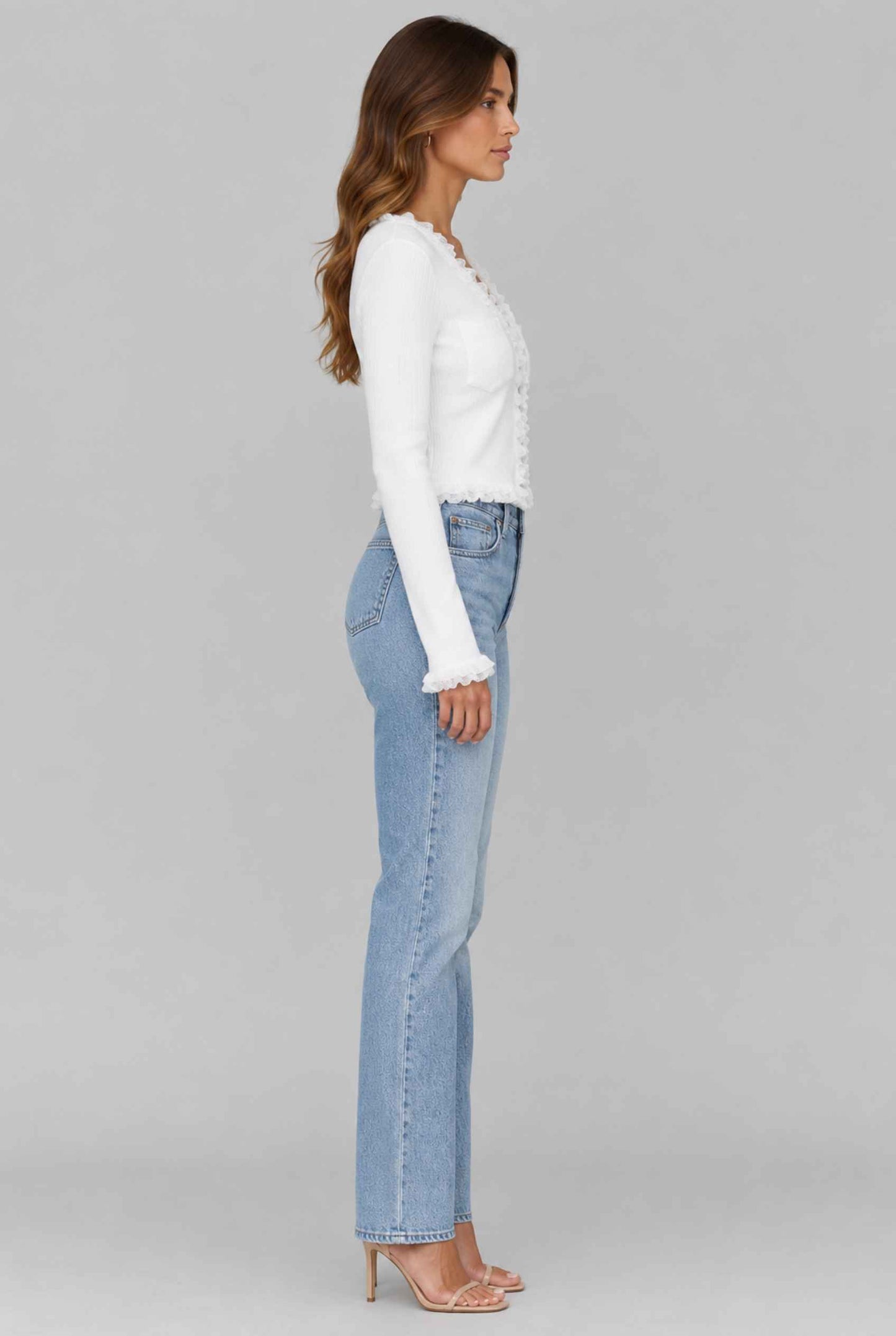 Virtual Model wearing The Rosalie Lace Cardigan Ruffle Ribbed Off White Knit Cardigan