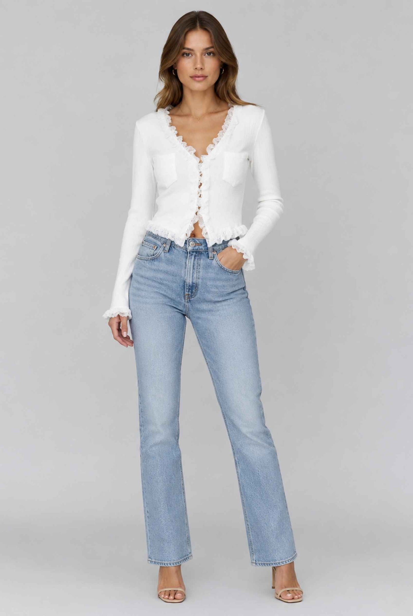 Virtual Model wearing The Rosalie Lace Cardigan Ruffle Ribbed Off White Knit Cardigan
