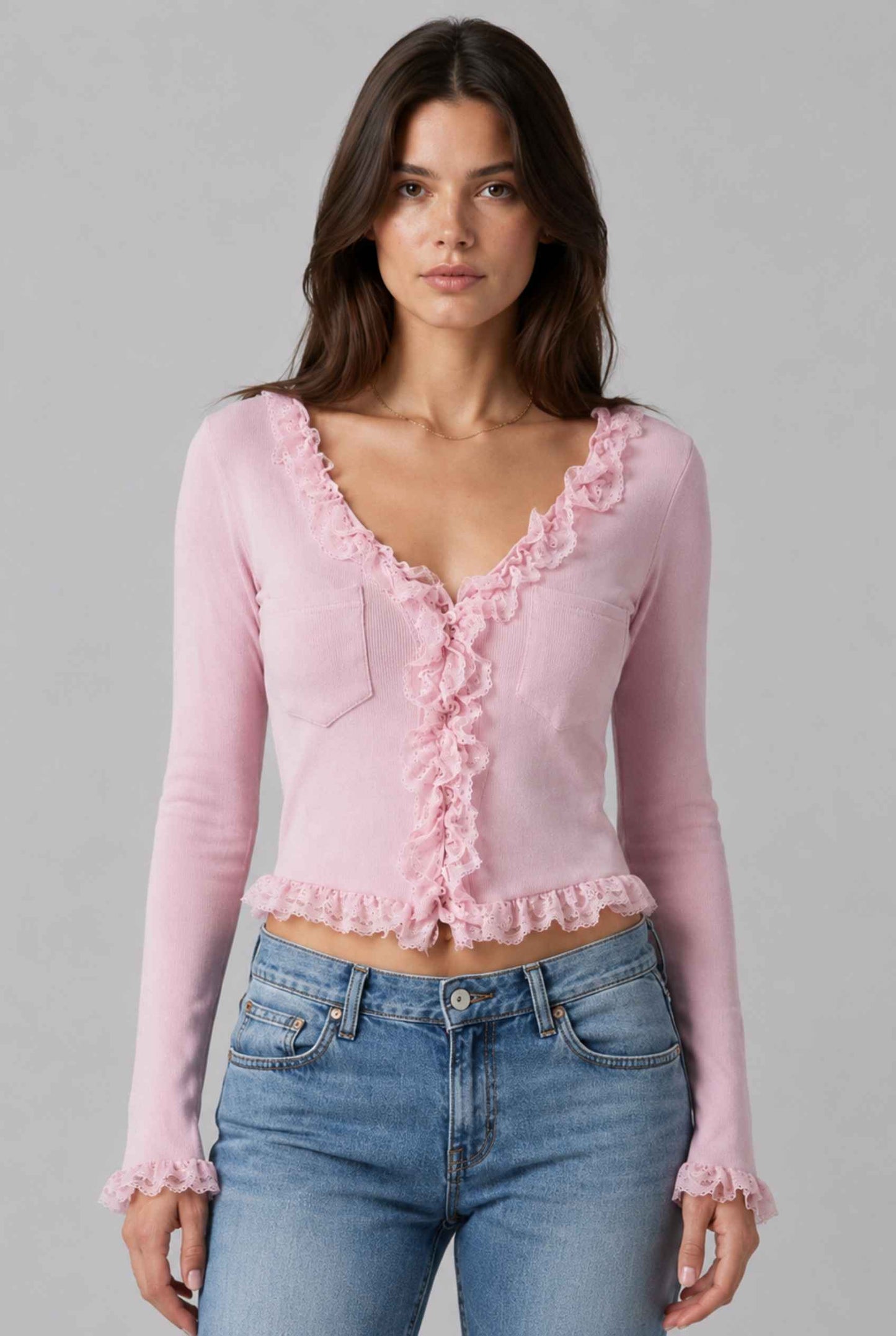 Virtual Model wearing The Rosalie Lace Cardigan Ruffle Ribbed Pink Knit Cardigan