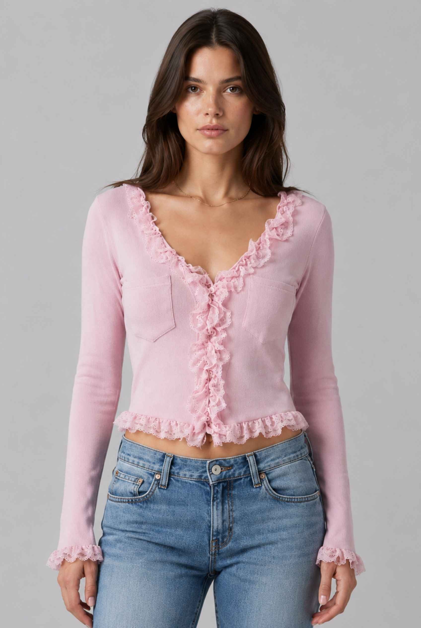 Virtual Model wearing The Rosalie Lace Cardigan Ruffle Ribbed Pink Knit Cardigan