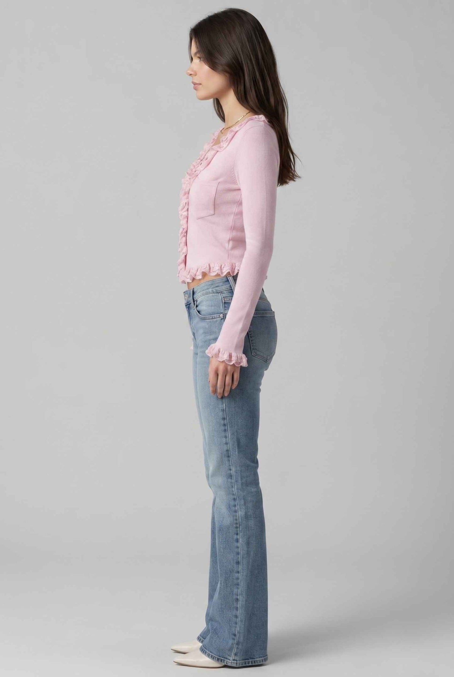 Virtual Model wearing The Rosalie Lace Cardigan Ruffle Ribbed Pink Knit Cardigan