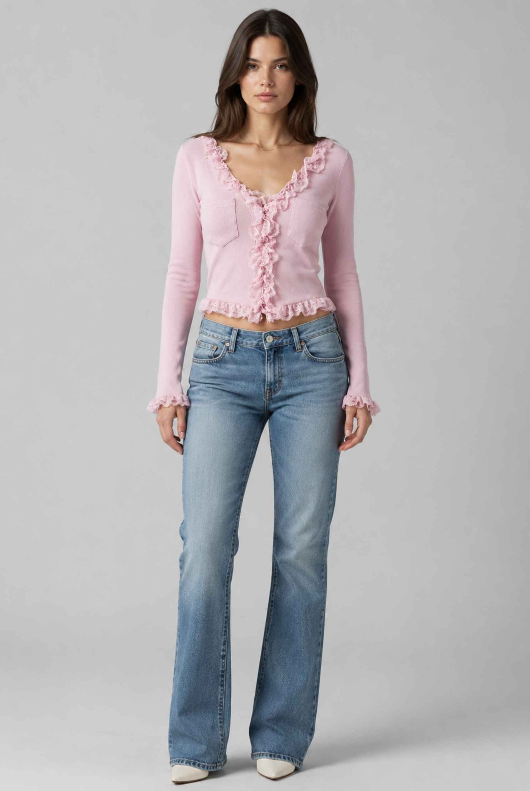 Virtual Model wearing The Rosalie Lace Cardigan Ruffle Ribbed Pink Knit Cardigan