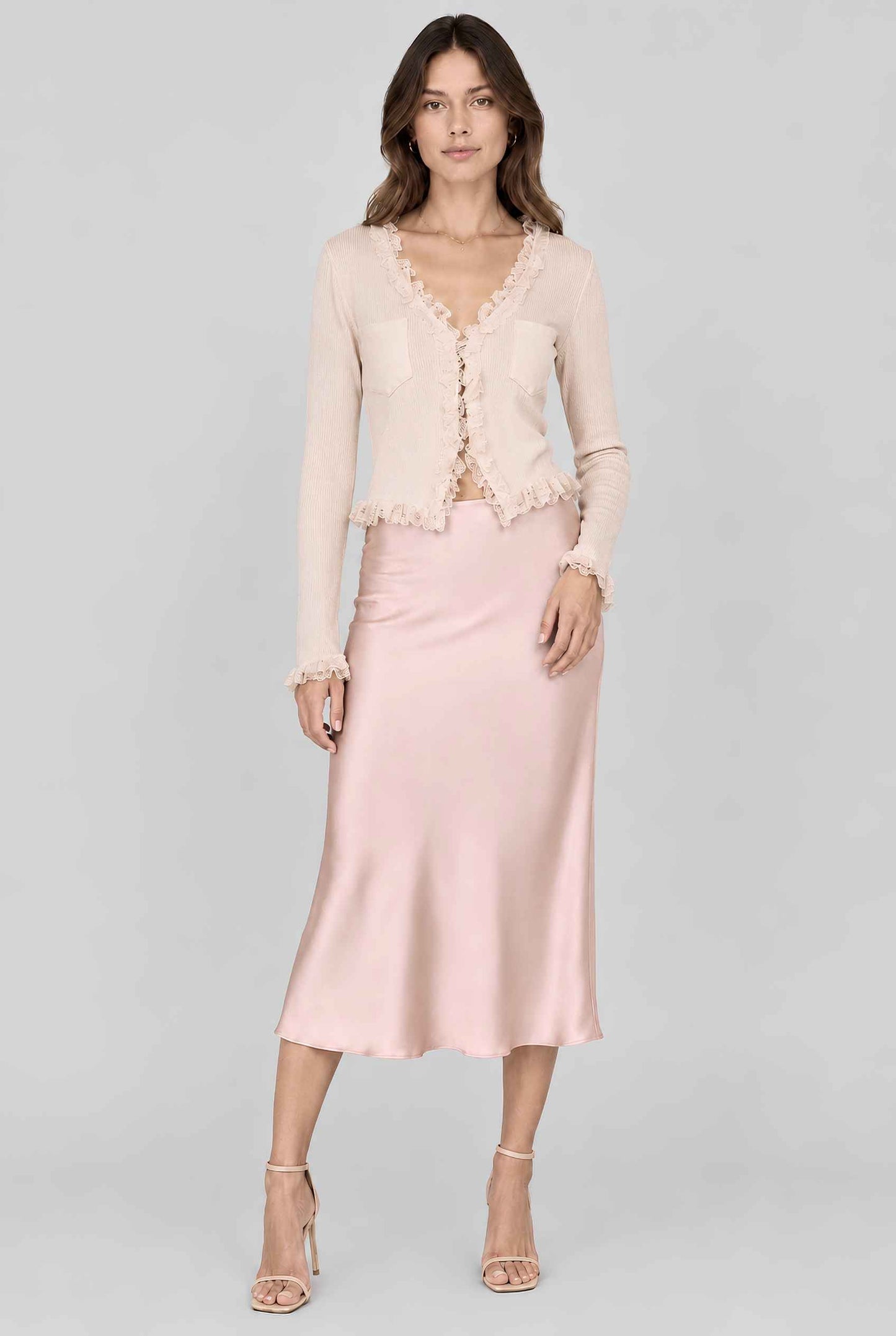 Virtual model wearing The Rosalie Lace Cardigan Ruffled Ribbed Knit Buttoned Cardigan in Beige