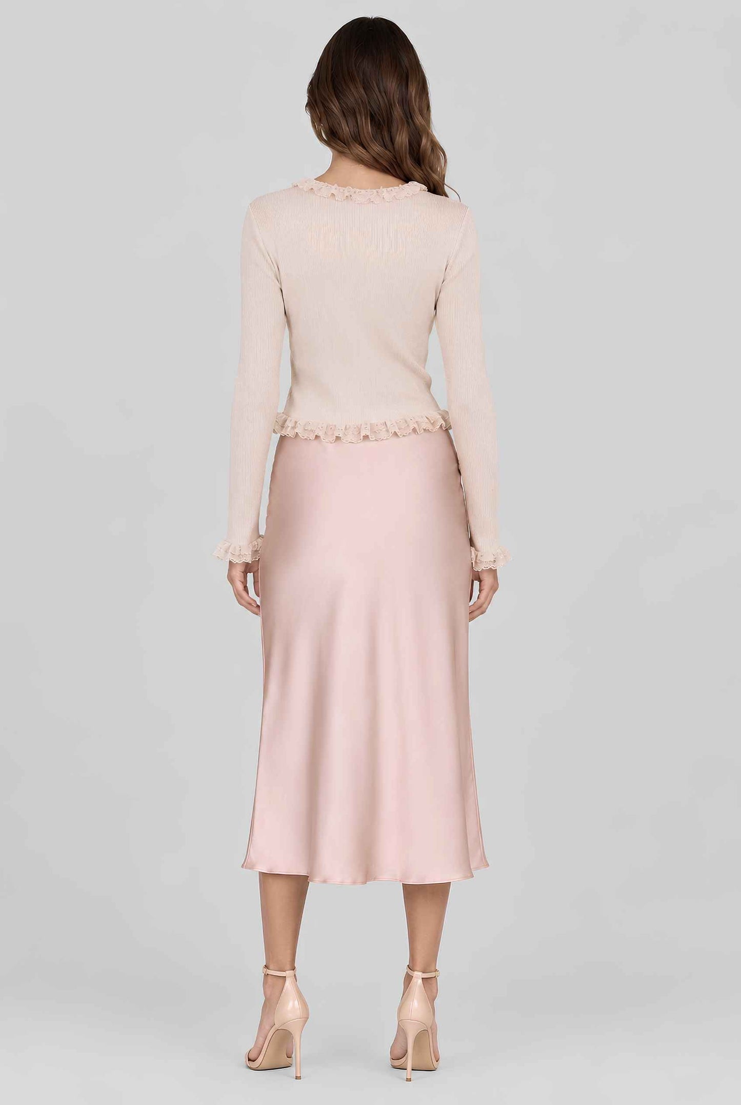 Virtual model wearing The Rosalie Lace Cardigan Ruffled Ribbed Knit Buttoned Cardigan in Beige
