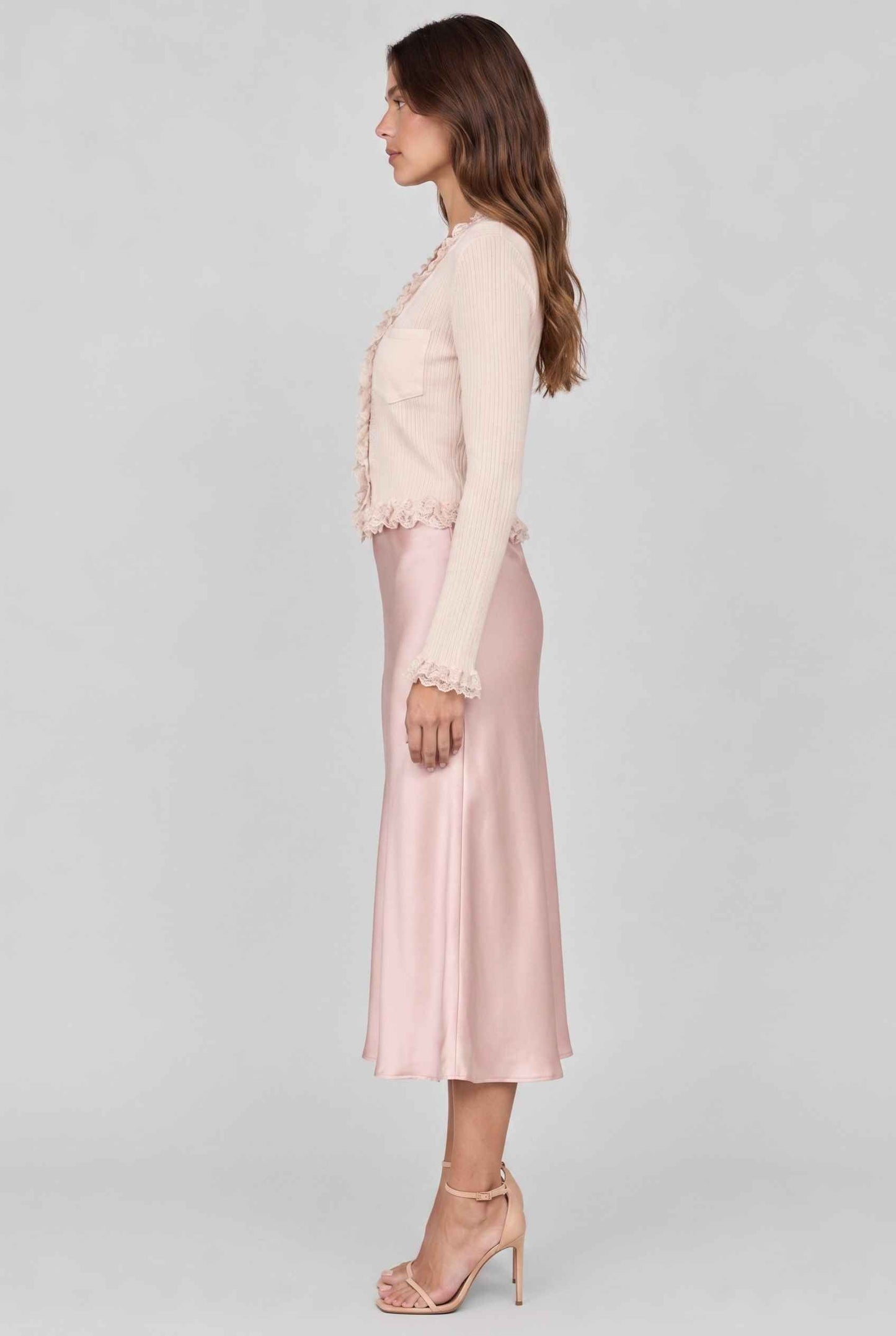 Virtual model wearing The Rosalie Lace Cardigan Ruffled Ribbed Knit Buttoned Cardigan in Beige