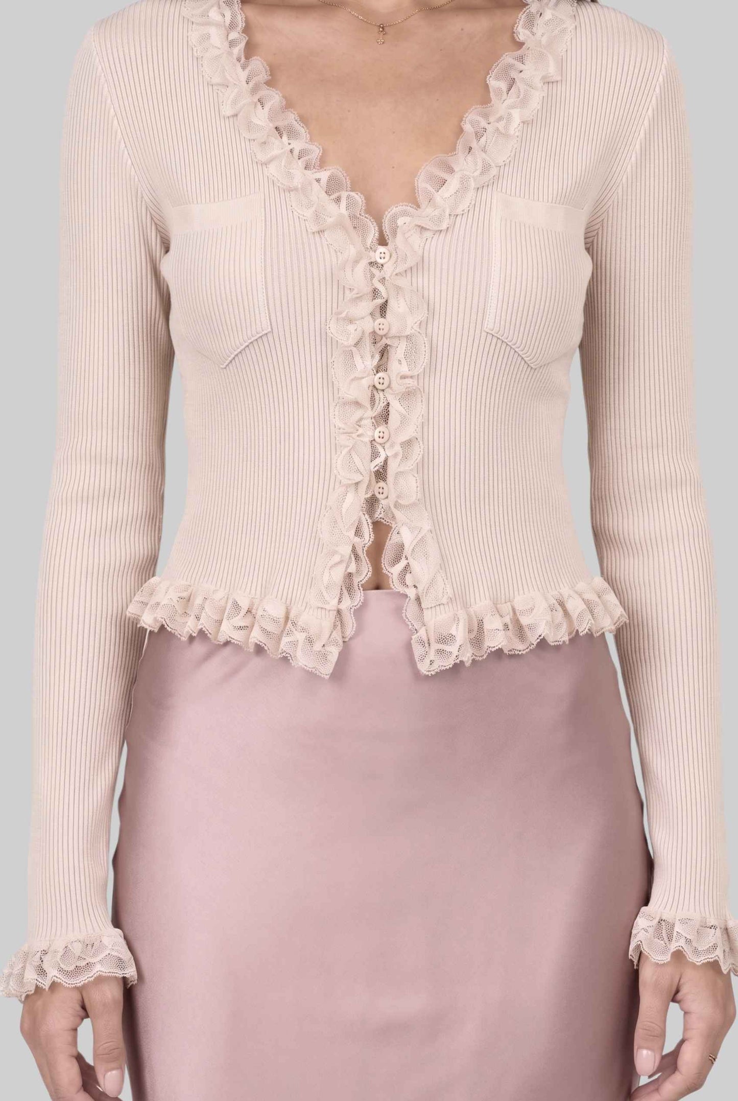 Virtual model wearing The Rosalie Lace Cardigan Ruffled Ribbed Knit Buttoned Cardigan in Beige