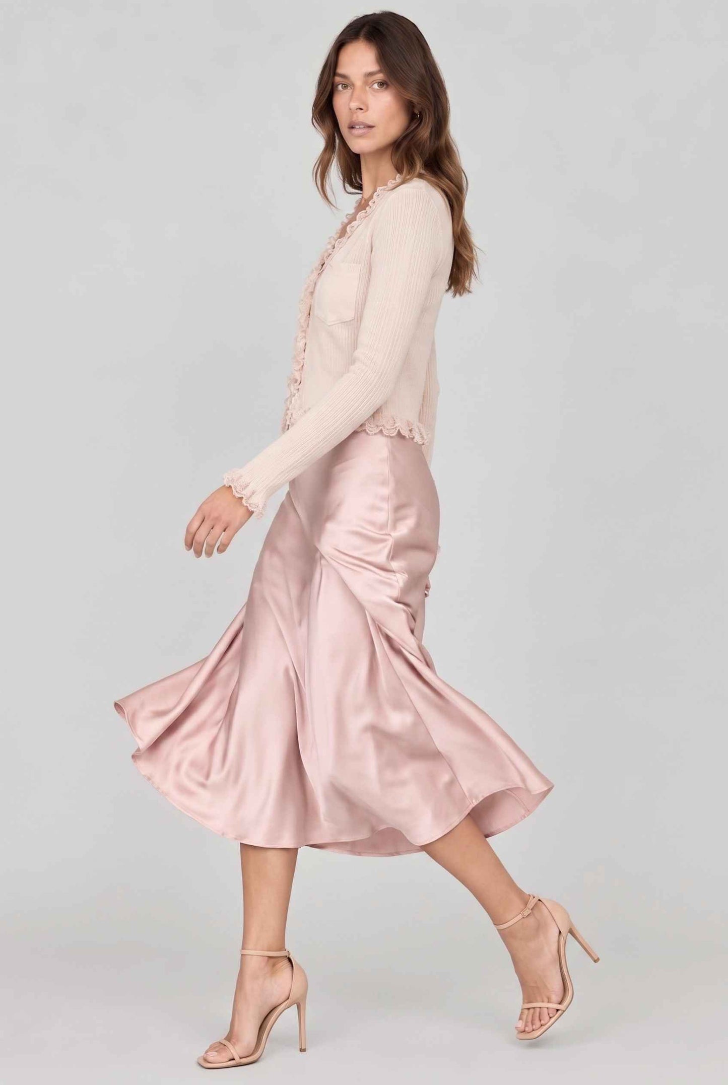 Virtual model wearing The Rosalie Lace Cardigan Ruffled Ribbed Knit Buttoned Cardigan in Beige