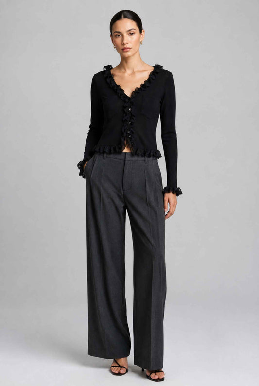 Virtual model wearing The Rosalie Lace Cardigan Ruffled Ribbed Knit Buttoned Cardigan in Black