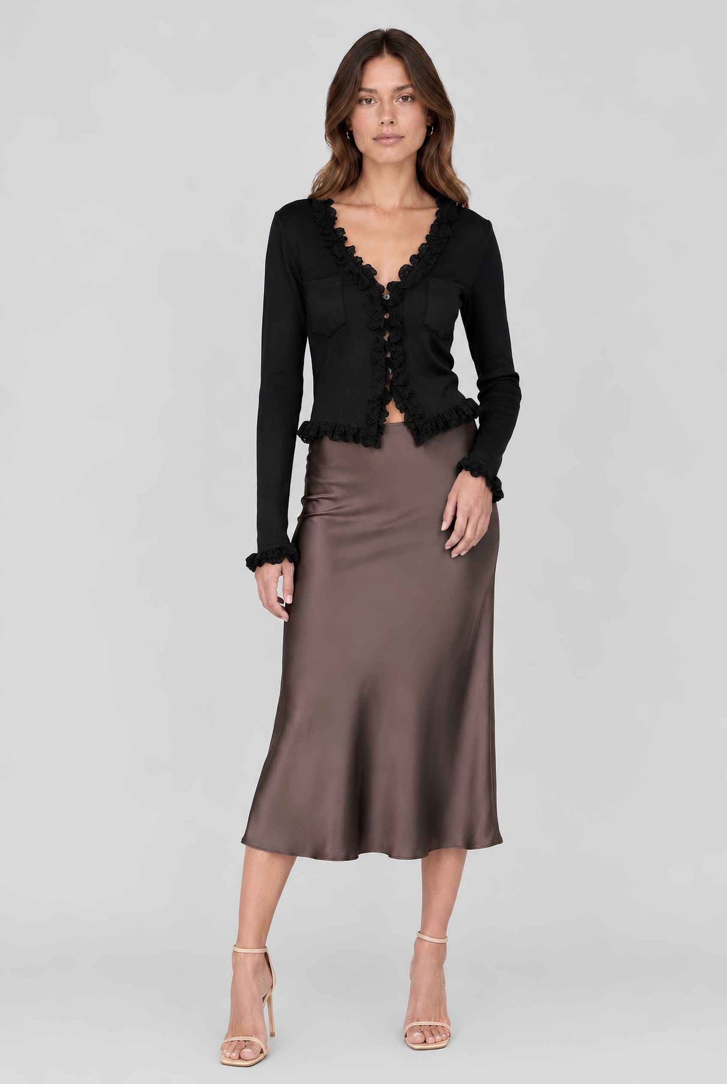 Virtual model wearing The Rosalie Lace Cardigan Ruffled Ribbed Knit Buttoned Cardigan in Black