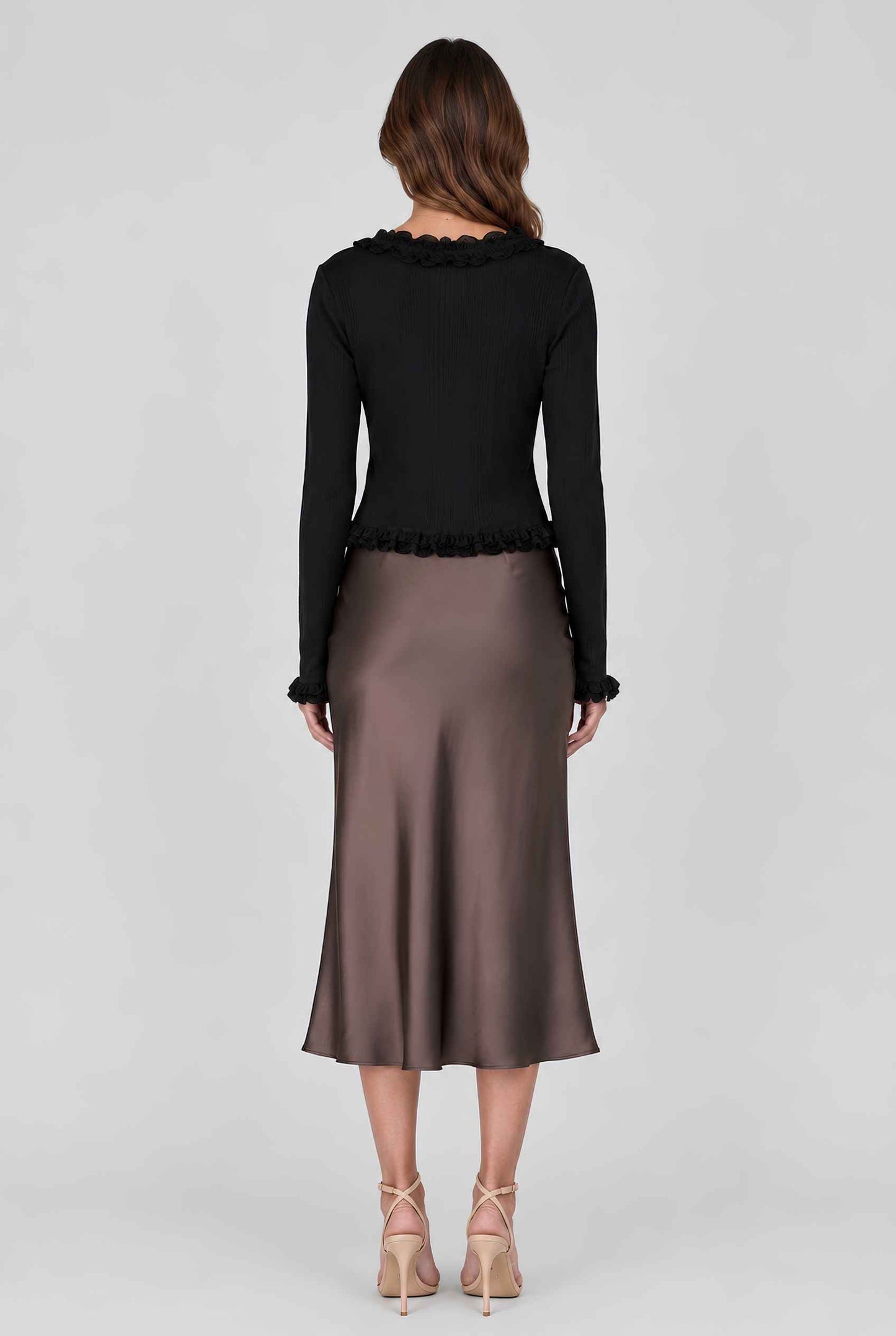 Virtual model wearing The Rosalie Lace Cardigan Ruffled Ribbed Knit Buttoned Cardigan in Black