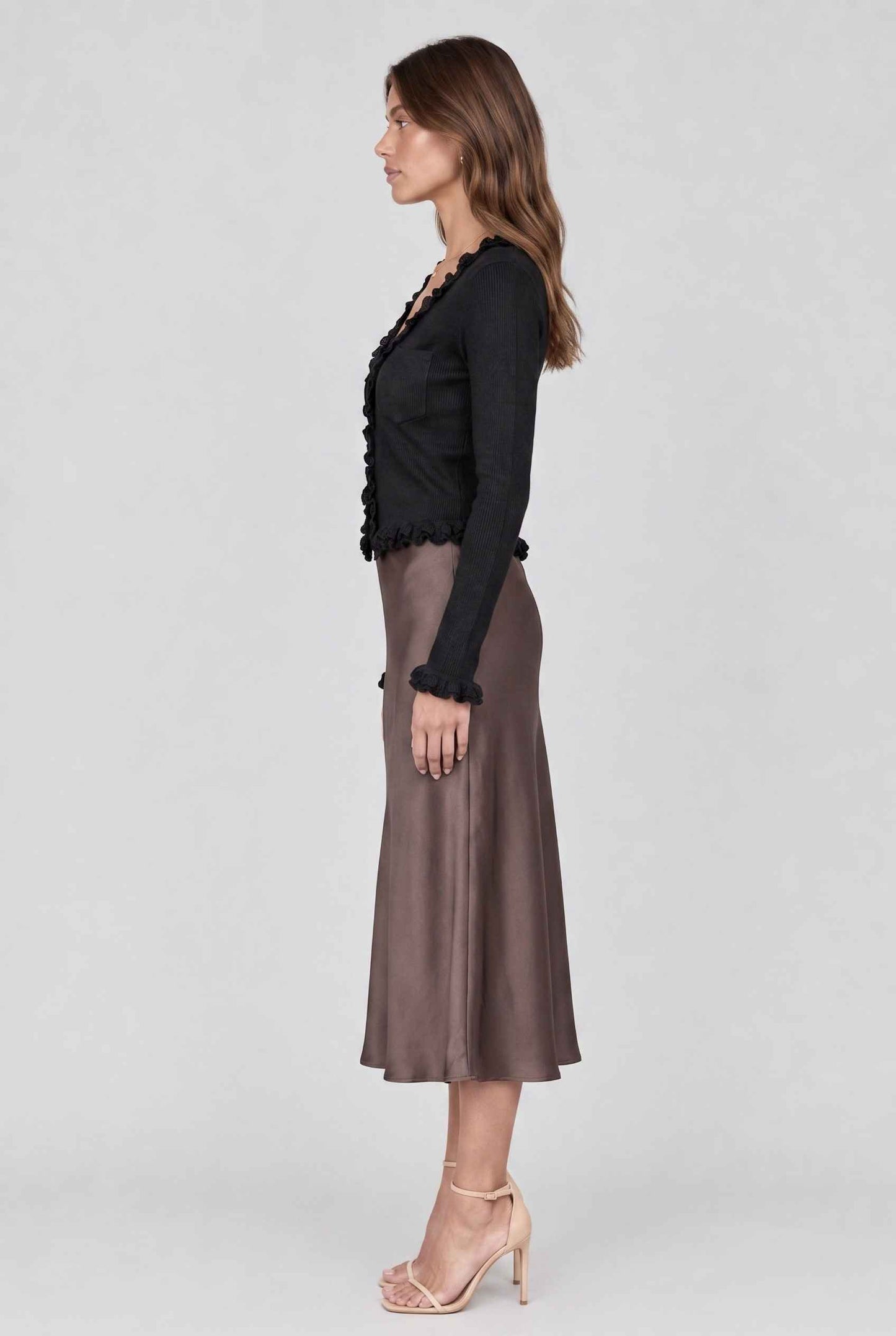 Virtual model wearing The Rosalie Lace Cardigan Ruffled Ribbed Knit Buttoned Cardigan in Black