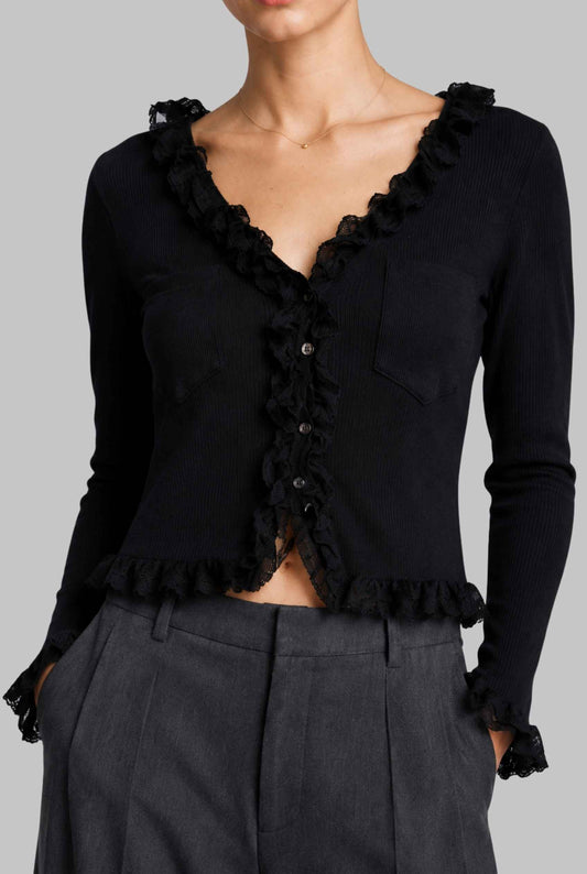 Virtual model wearing The Rosalie Lace Cardigan Ruffled Ribbed Knit Buttoned Cardigan in Black