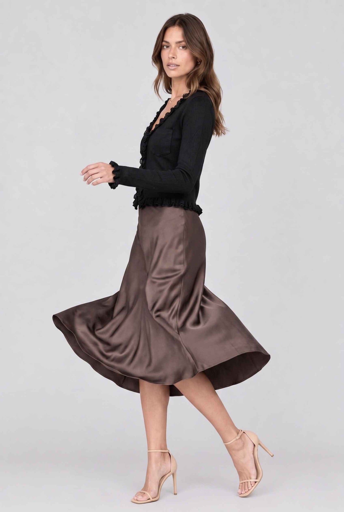 Virtual model wearing The Rosalie Lace Cardigan Ruffled Ribbed Knit Buttoned Cardigan in Black