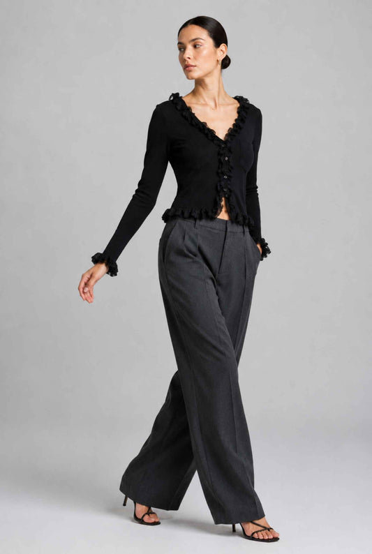 Virtual model wearing The Rosalie Lace Cardigan Ruffled Ribbed Knit Buttoned Cardigan in Black