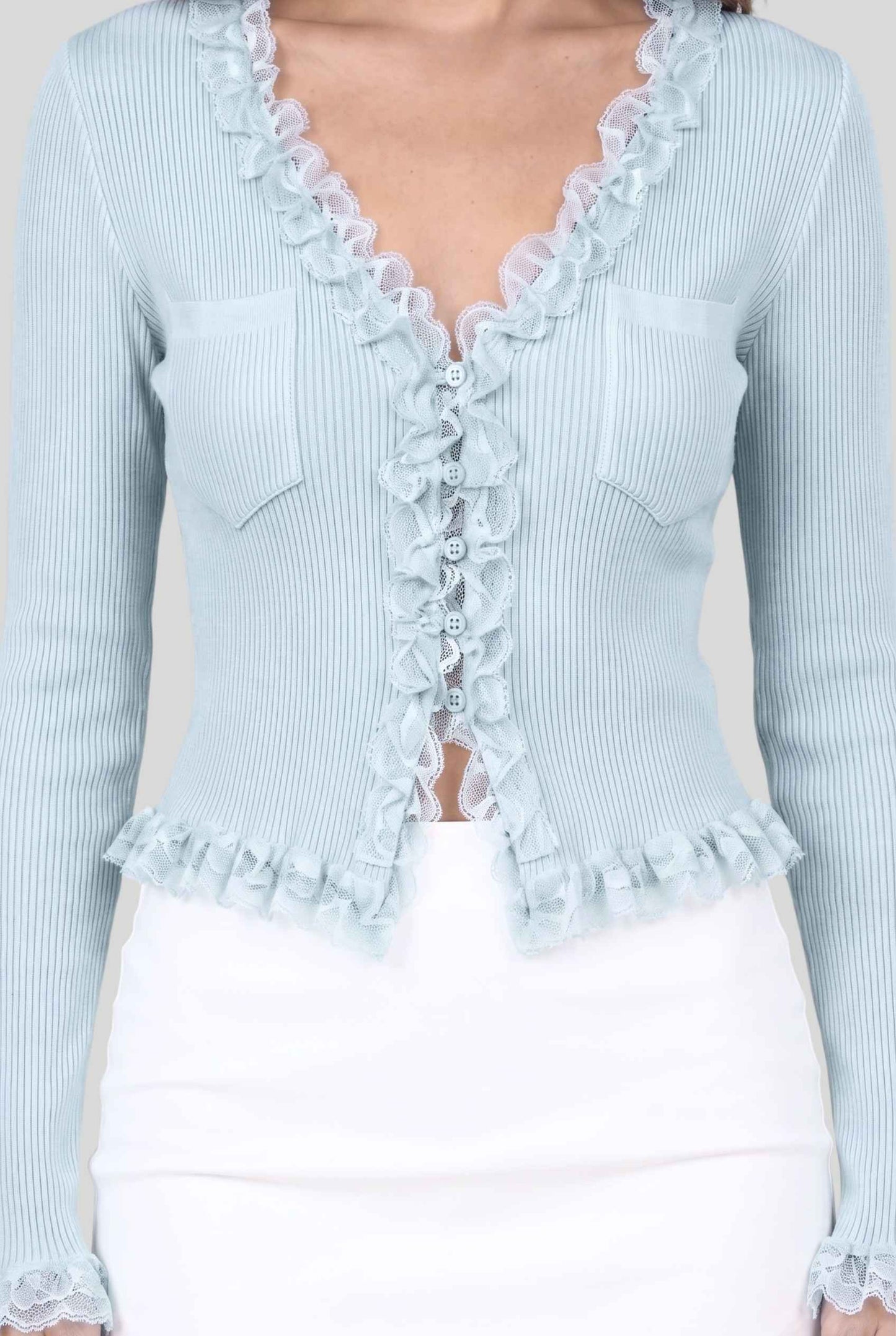 Virtual model wearing The Rosalie Lace Cardigan Ruffled Ribbed Knit Buttoned Cardigan in Light Blue