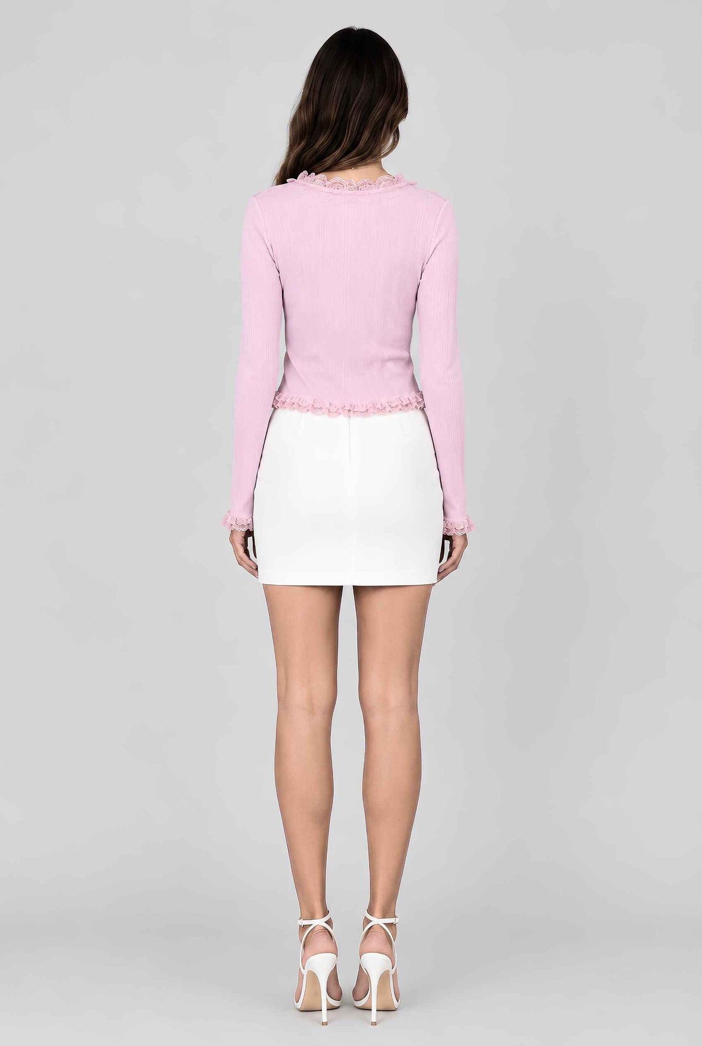 Virtual model wearing The Rosalie Lace Cardigan Ruffled Ribbed Knit Buttoned Cardigan in Pink