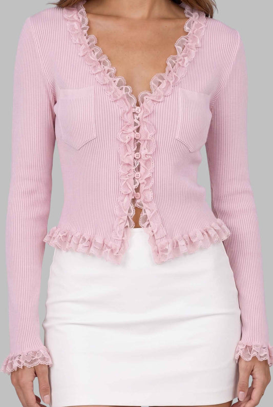 Virtual model wearing The Rosalie Lace Cardigan Ruffled Ribbed Knit Buttoned Cardigan in Pink