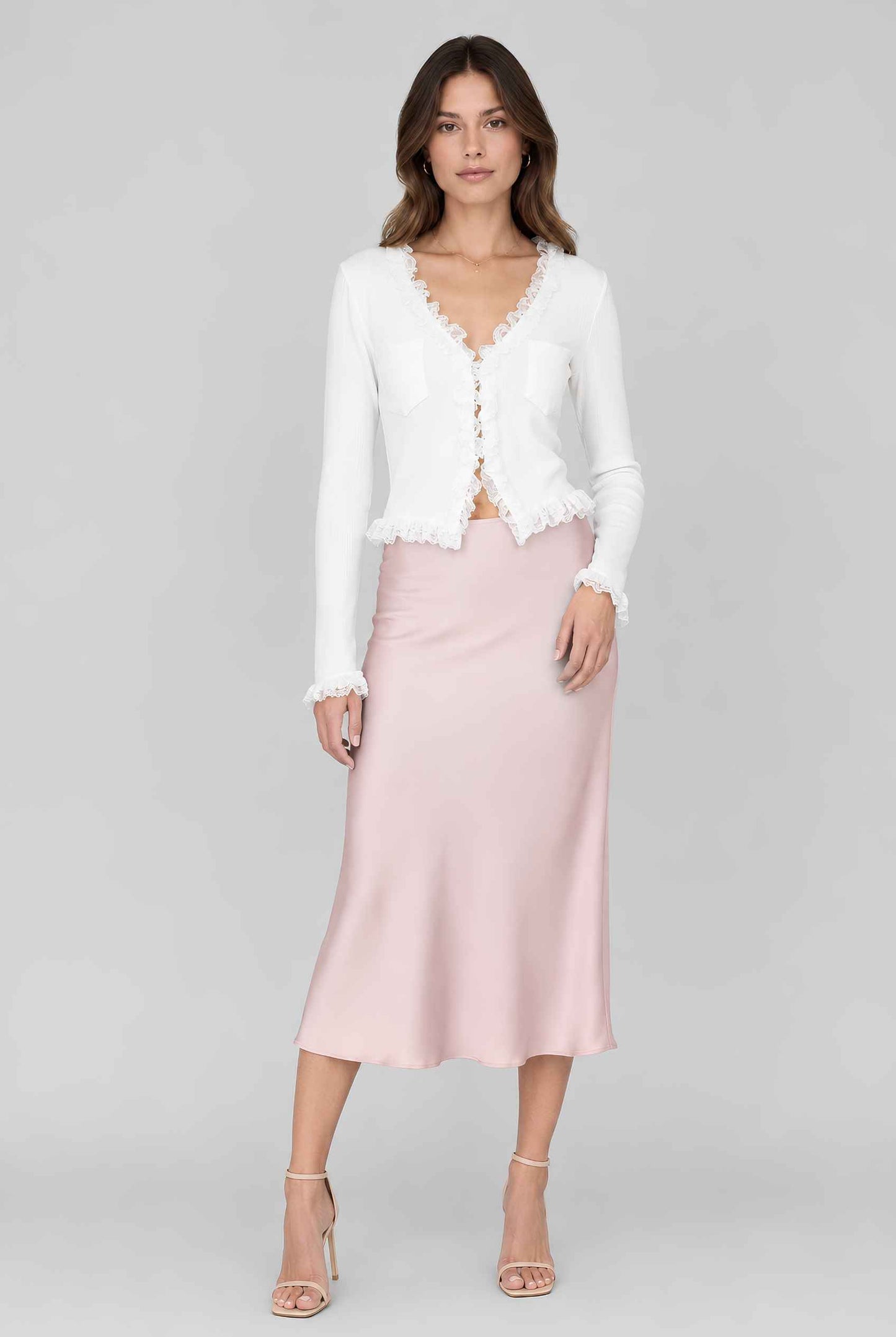 Virtual model wearing The Rosalie Lace Cardigan Ruffled Ribbed Knit Buttoned Cardigan in White
