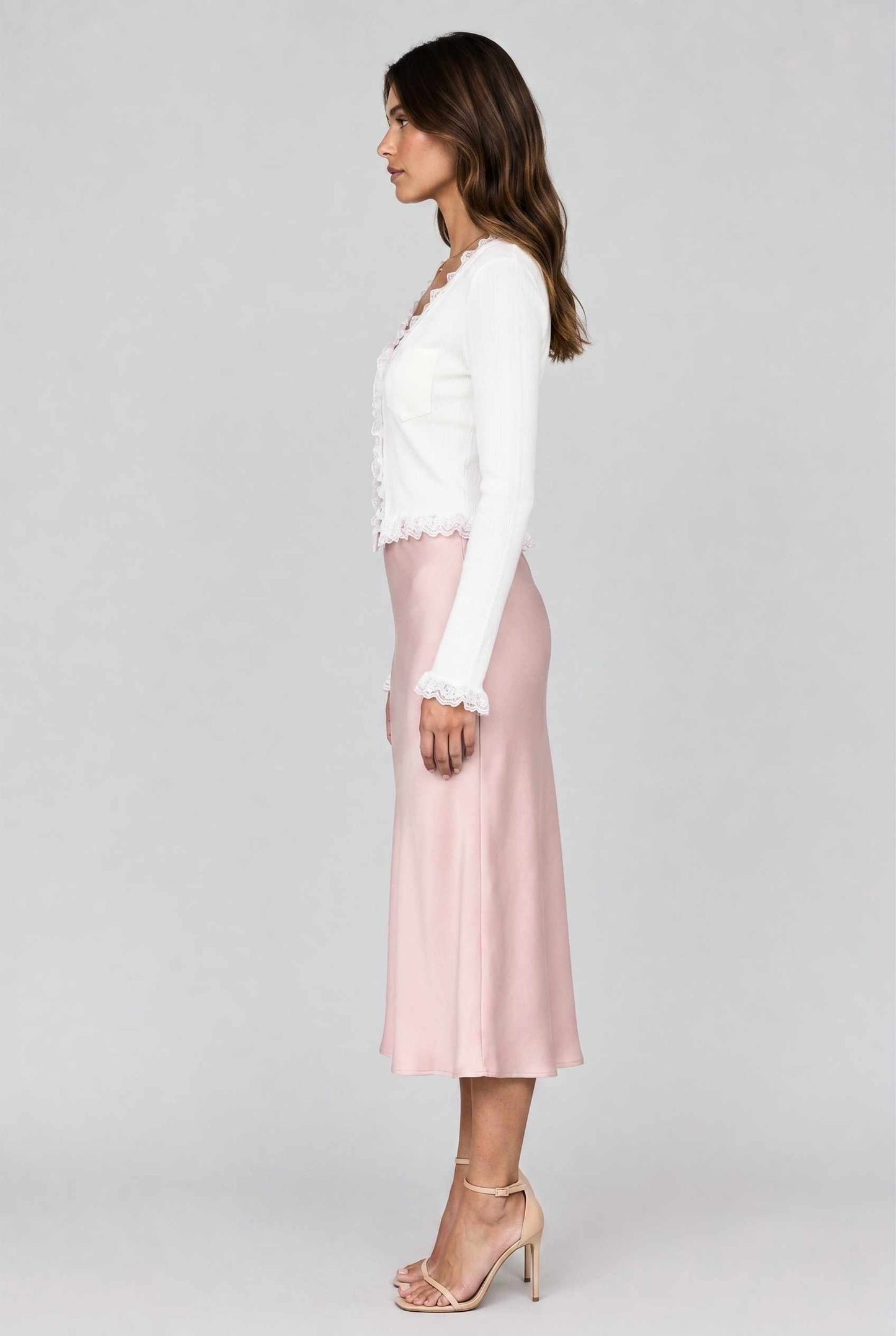 Virtual model wearing The Rosalie Lace Cardigan Ruffled Ribbed Knit Buttoned Cardigan in White
